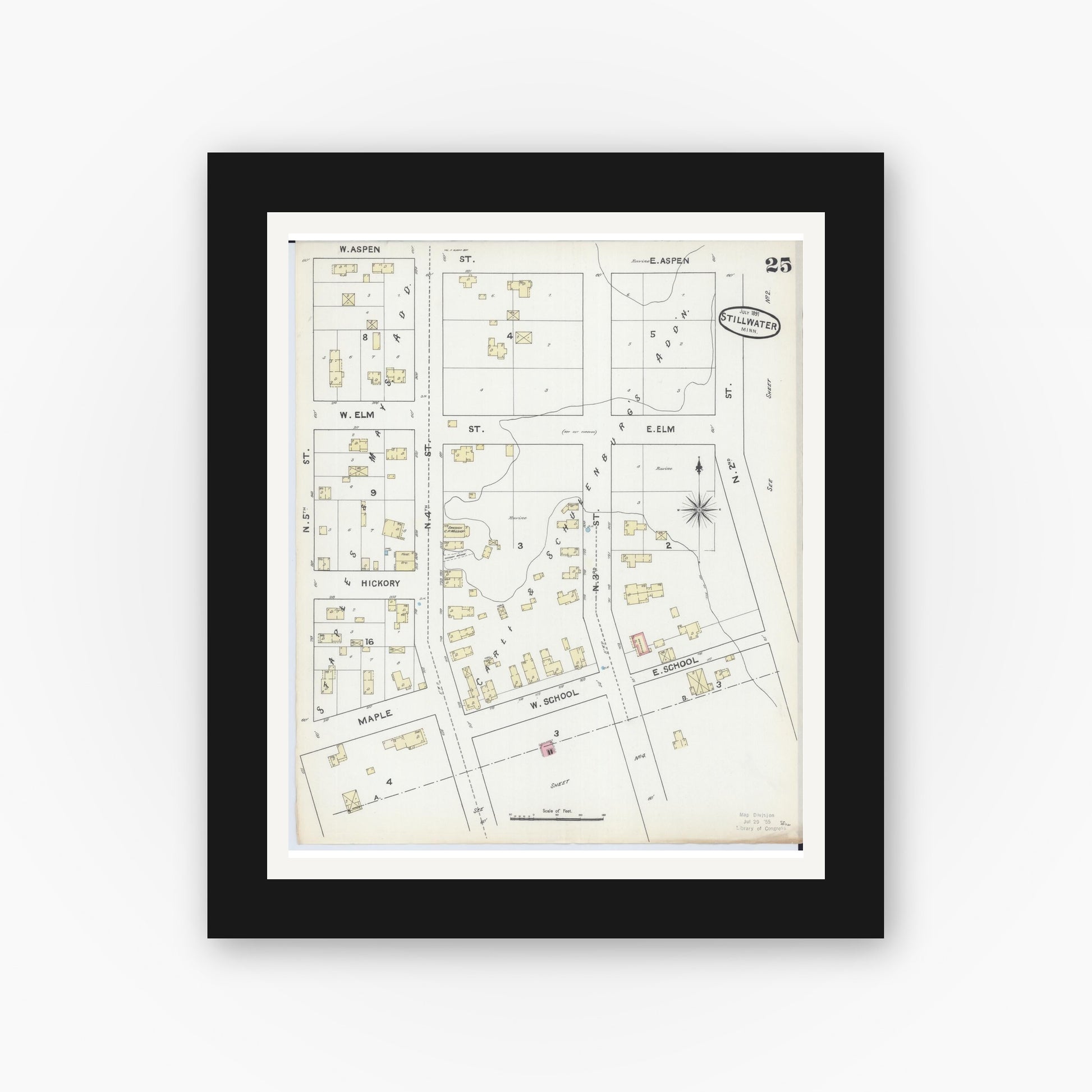 Old map wall art mockup — black gallery frame with white mat — Sanborn Fire Insurance Map from Stillwater, Washington County, Minnesota (1891), Sheet #0025