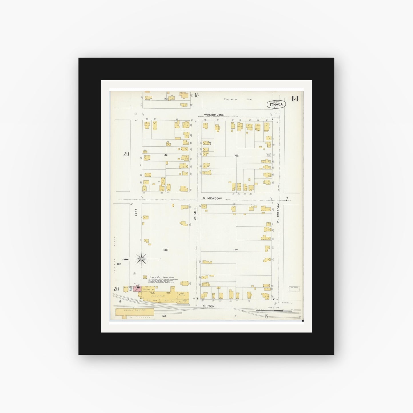 Old map wall art mockup — black gallery frame with white mat — Sanborn Fire Insurance Map from Ithaca, Tompkins County, New York (1904), Sheet #0014