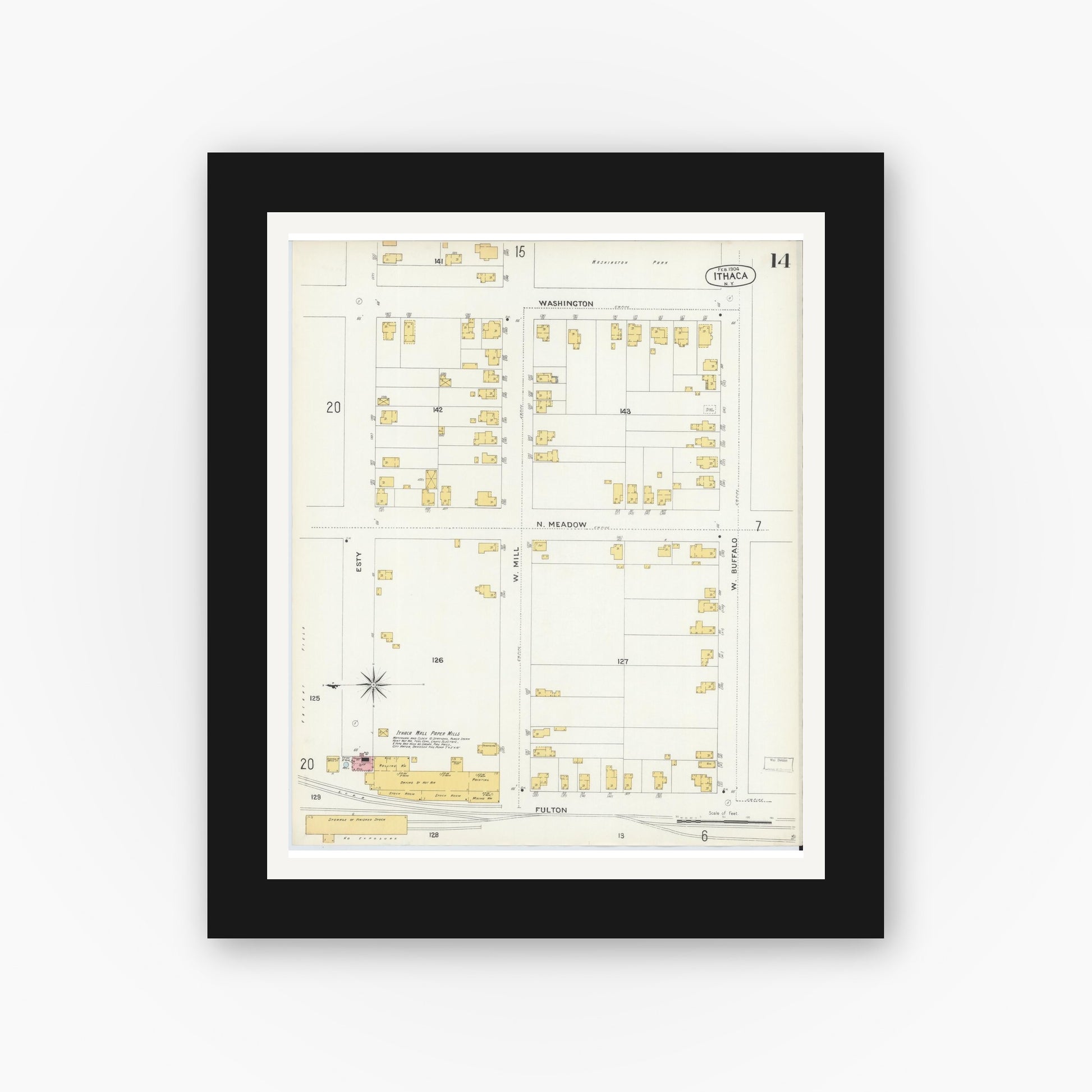 Old map wall art mockup — black gallery frame with white mat — Sanborn Fire Insurance Map from Ithaca, Tompkins County, New York (1904), Sheet #0014