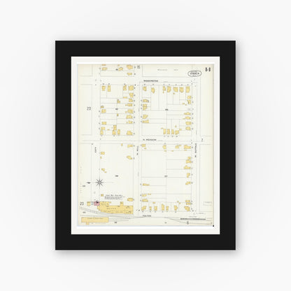 Old map wall art mockup — black gallery frame with white mat — Sanborn Fire Insurance Map from Ithaca, Tompkins County, New York (1904), Sheet #0014