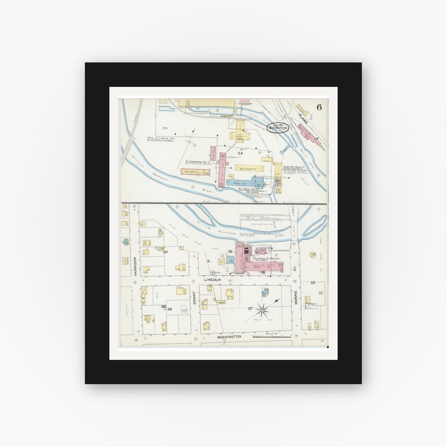 Old map wall art mockup — black gallery frame with white mat — Sanborn Fire Insurance Map from Boonton, Morris County, New Jersey (1892), Sheet #0006