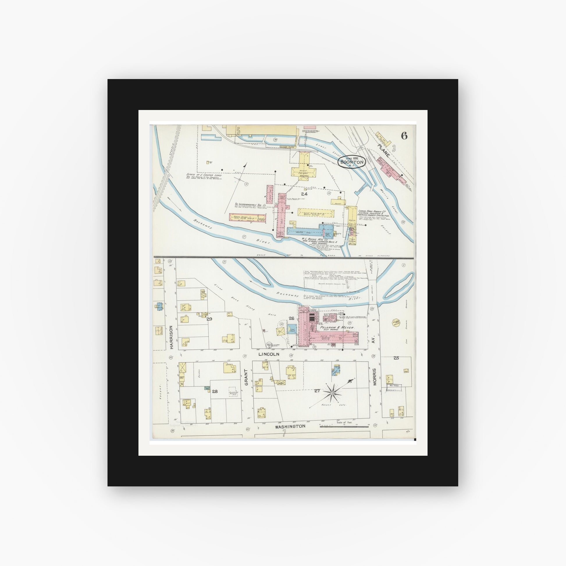 Old map wall art mockup — black gallery frame with white mat — Sanborn Fire Insurance Map from Boonton, Morris County, New Jersey (1892), Sheet #0006