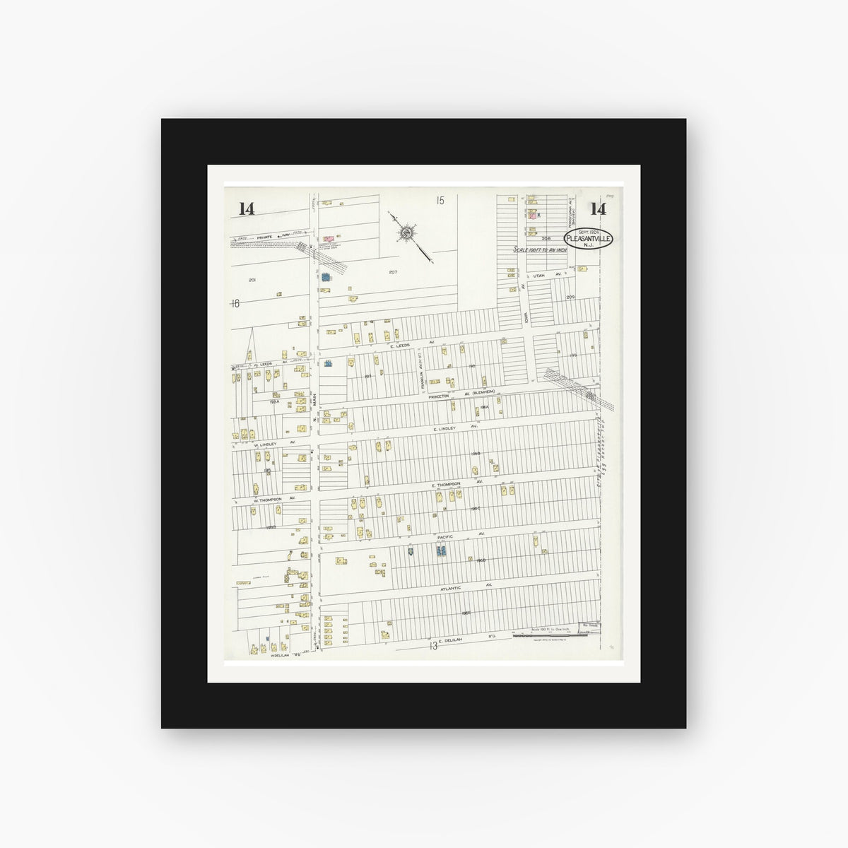 Old map wall art mockup — black gallery frame with white mat — Sanborn Fire Insurance Map from Pleasantville, Atlantic County, New Jersey (1924), Sheet #0014