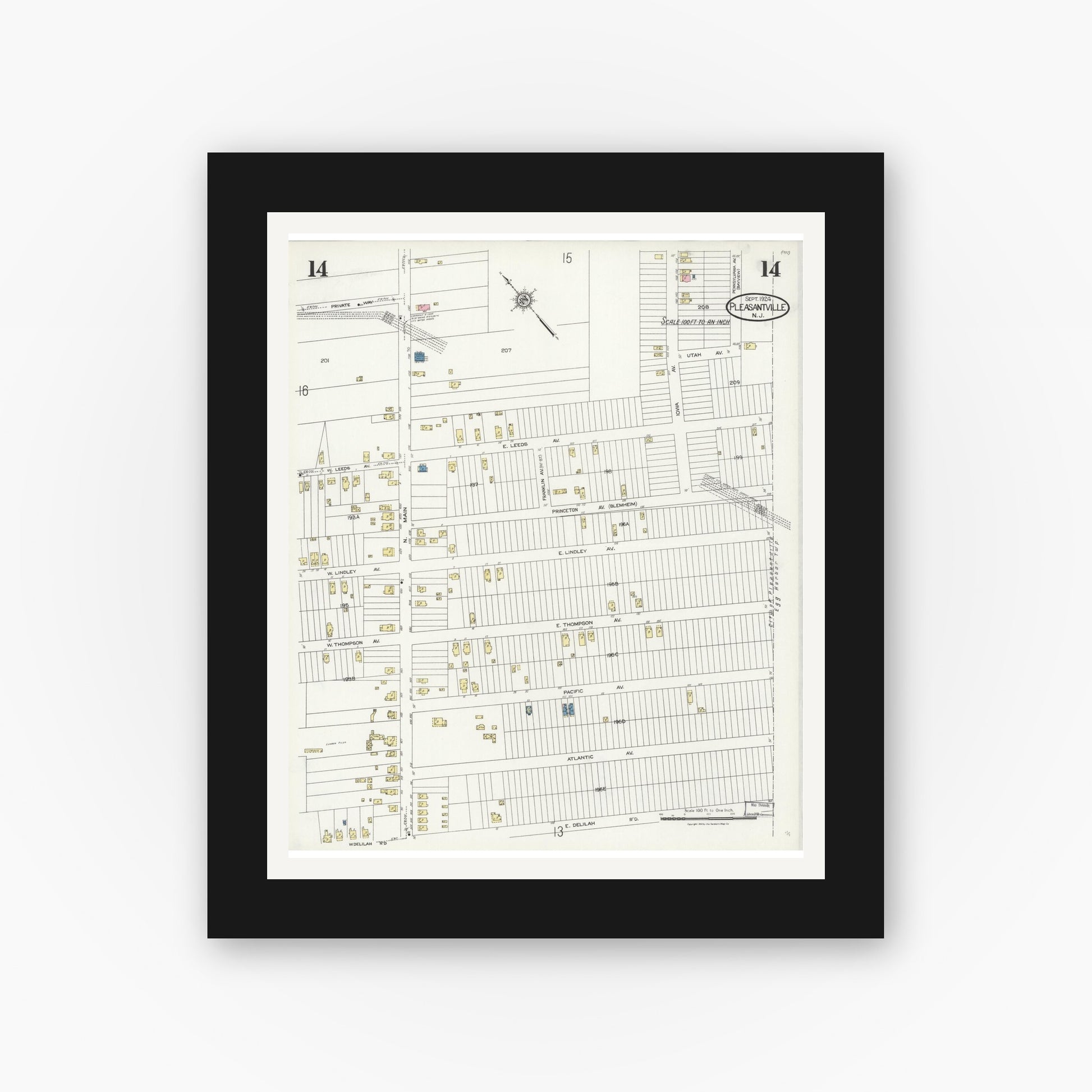 Old map wall art mockup — black gallery frame with white mat — Sanborn Fire Insurance Map from Pleasantville, Atlantic County, New Jersey (1924), Sheet #0014
