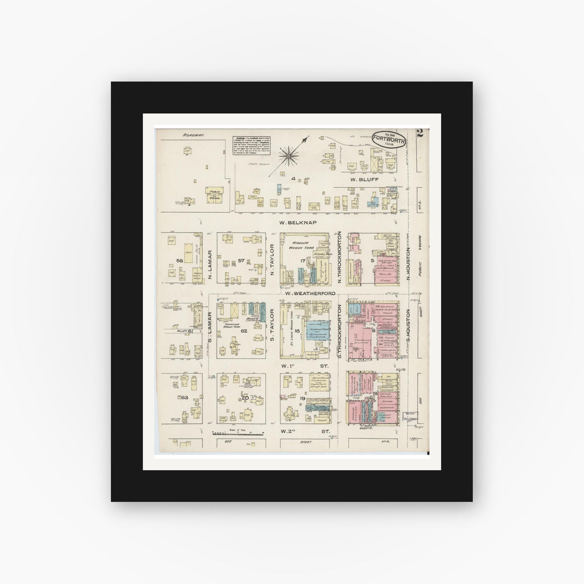 Old map wall art mockup — black gallery frame with white mat — Sanborn Fire Insurance Map from Fort Worth, Tarrant County, Texas (1885), Sheet #0002