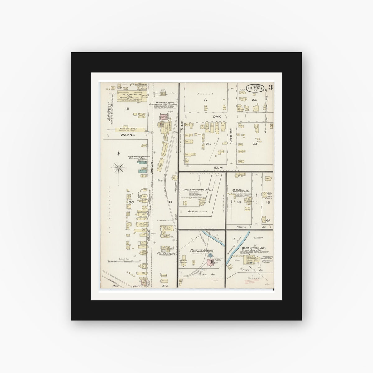 Old map wall art mockup — black gallery frame with white mat — Sanborn Fire Insurance Map from Olean, Cattaraugus County, New York (1886), Sheet #0003