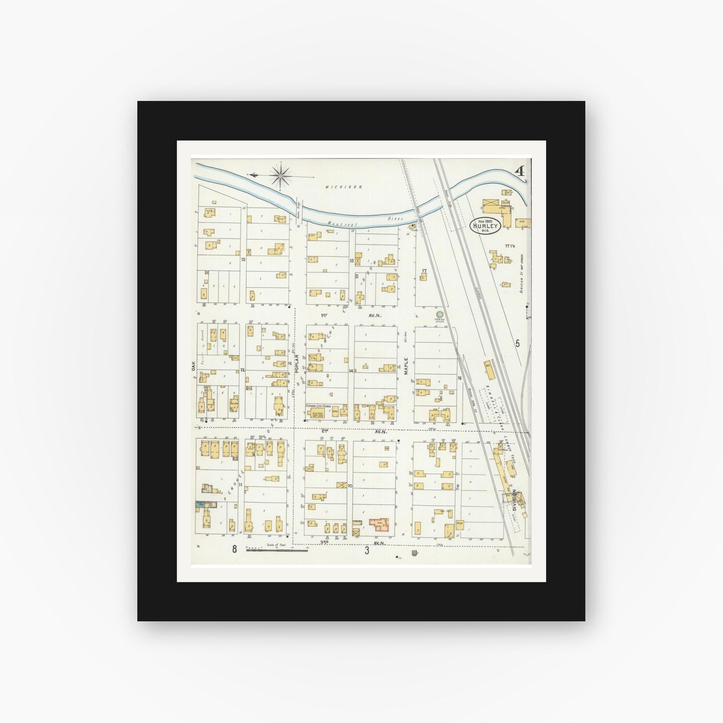 Old map wall art mockup — black gallery frame with white mat — Sanborn Fire Insurance Map from Hurley, Iron County, Wisconsin (1905), Sheet #0004