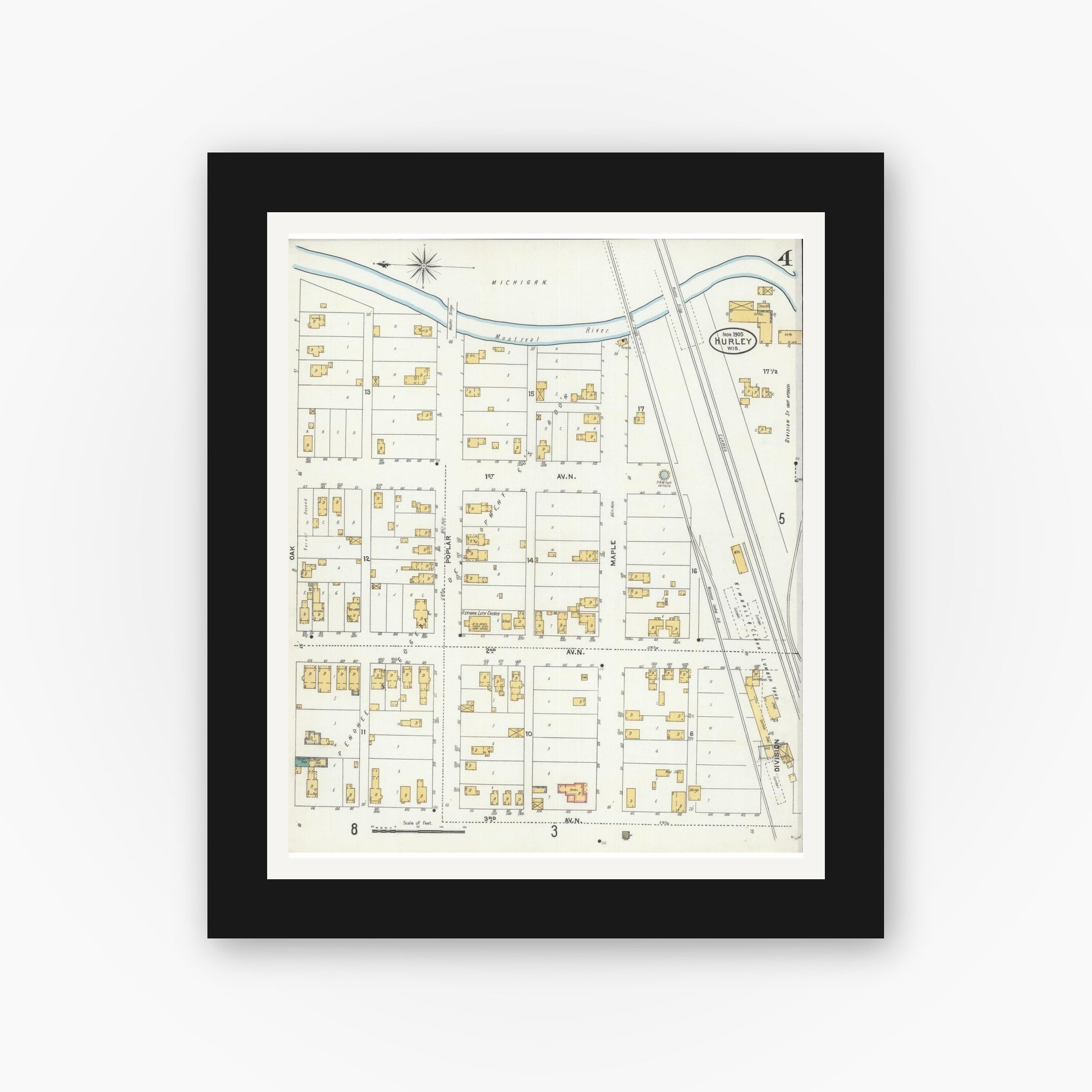 Old map wall art mockup — black gallery frame with white mat — Sanborn Fire Insurance Map from Hurley, Iron County, Wisconsin (1905), Sheet #0004