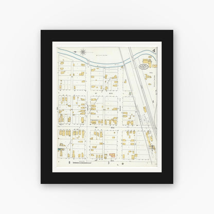 Old map wall art mockup — black gallery frame with white mat — Sanborn Fire Insurance Map from Hurley, Iron County, Wisconsin (1905), Sheet #0004