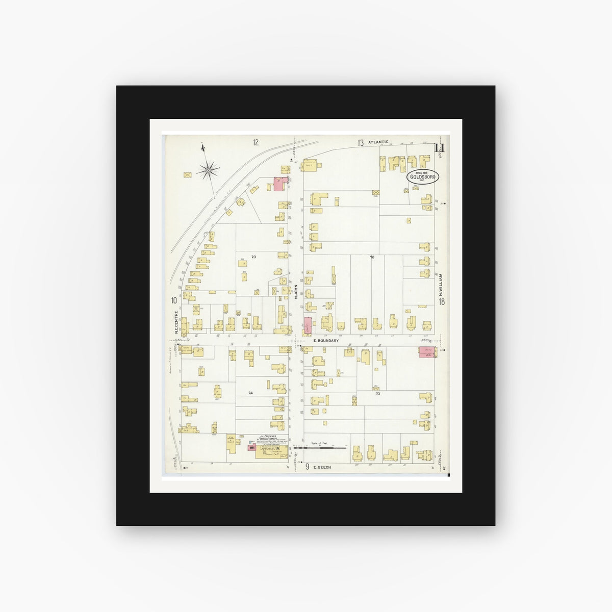 Old map wall art mockup — black gallery frame with white mat — Sanborn Fire Insurance Map from Goldsboro, Wayne County, North Carolina (1908), Sheet #0011