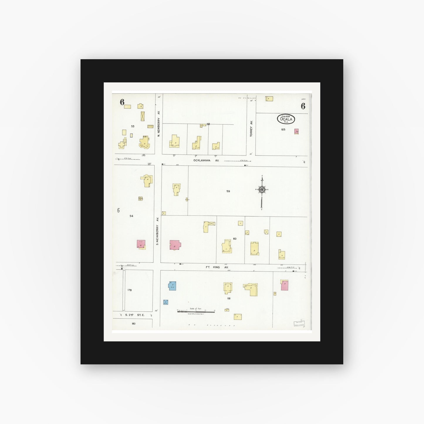 Old map wall art mockup — black gallery frame with white mat — Sanborn Fire Insurance Map from Ocala, Marion County, Florida (1924), Sheet #0006
