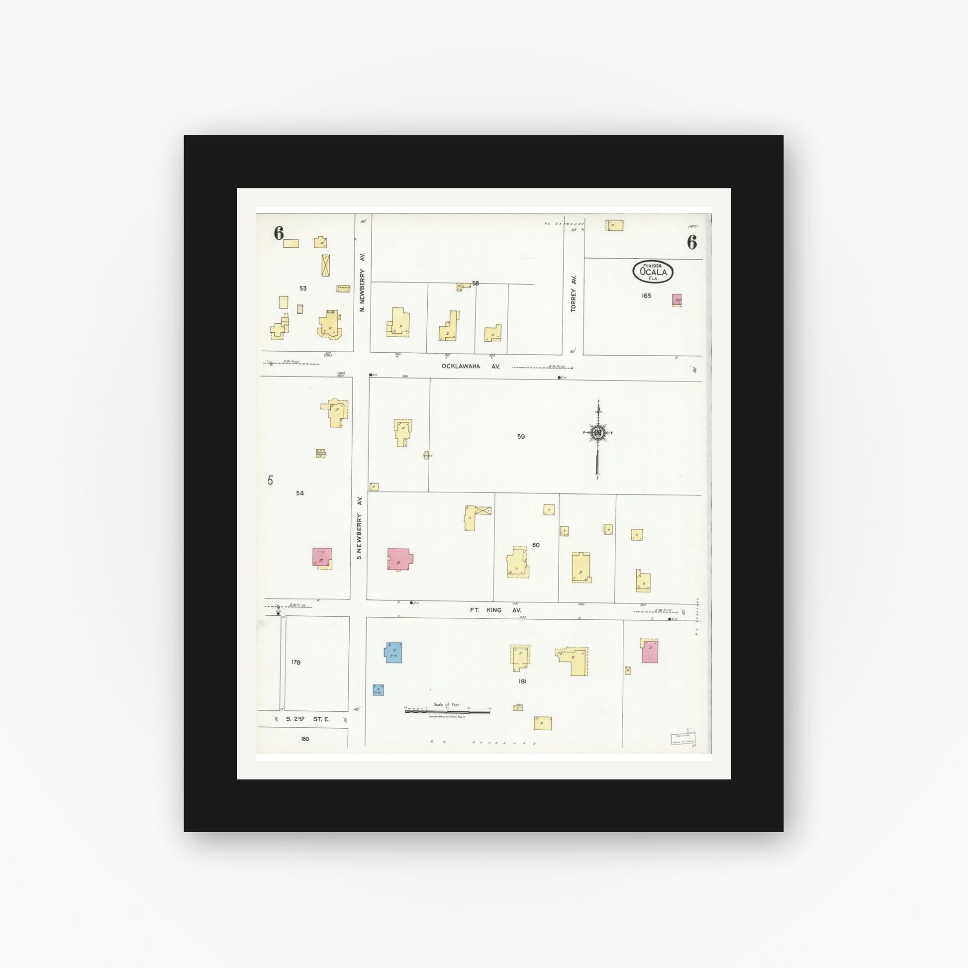 Old map wall art mockup — black gallery frame with white mat — Sanborn Fire Insurance Map from Ocala, Marion County, Florida (1924), Sheet #0006