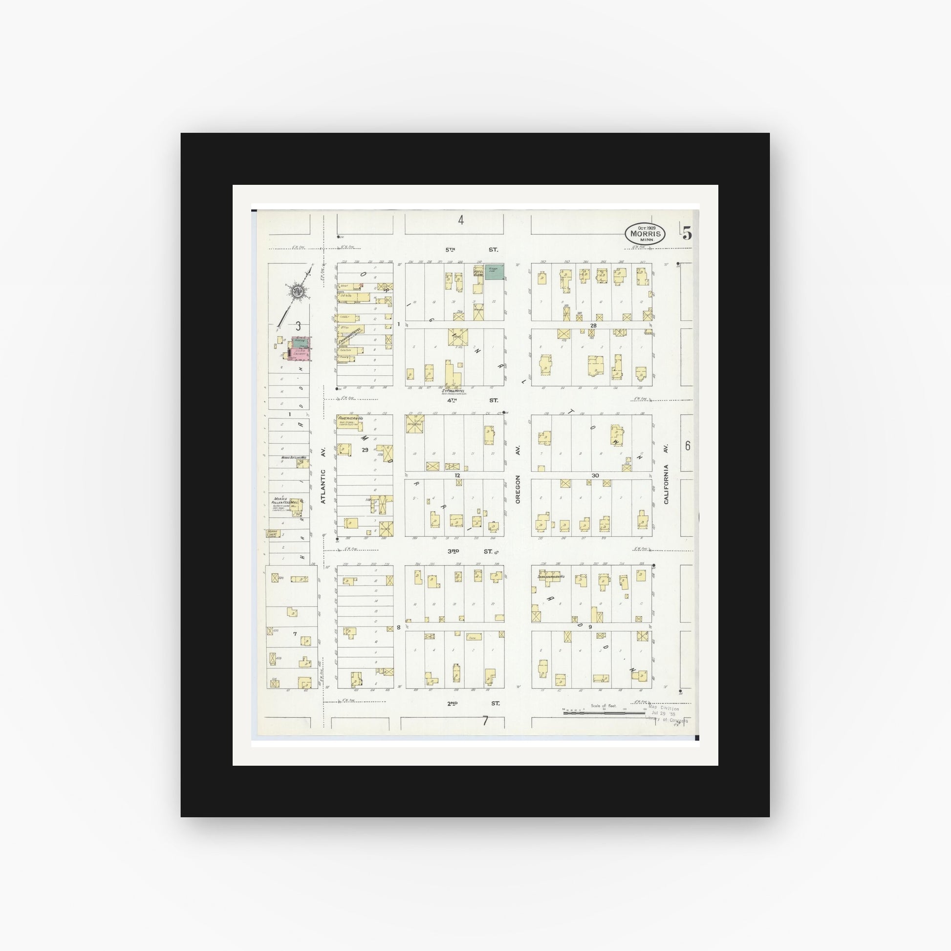Old map wall art mockup — black gallery frame with white mat — Sanborn Fire Insurance Map from Morris, Stevens County, Minnesota (1909), Sheet #0005