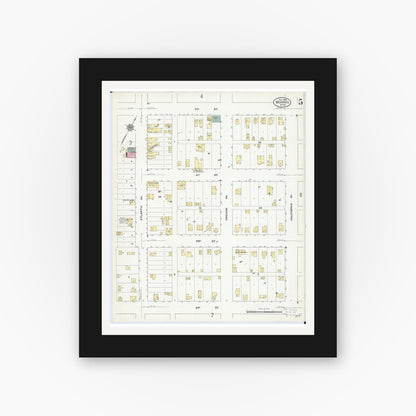 Old map wall art mockup — black gallery frame with white mat — Sanborn Fire Insurance Map from Morris, Stevens County, Minnesota (1909), Sheet #0005