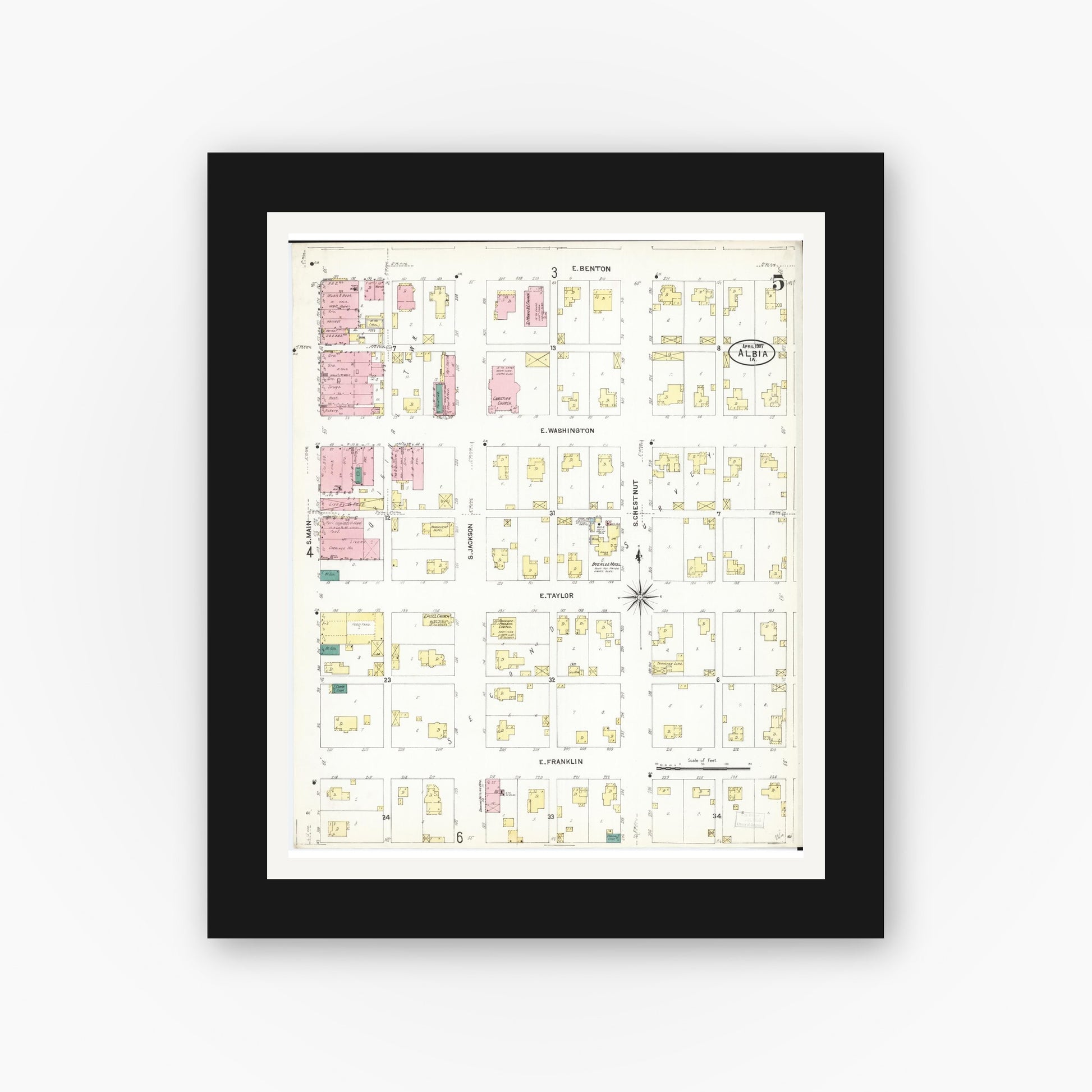 Old map wall art mockup — black gallery frame with white mat — Sanborn Fire Insurance Map from Albia, Monroe County, Iowa (1907), Sheet #0005