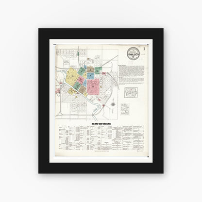 Old map wall art mockup — black gallery frame with white mat — Sanborn Fire Insurance Map from Charles City, Floyd County, Iowa (1915) â€” Complete Set