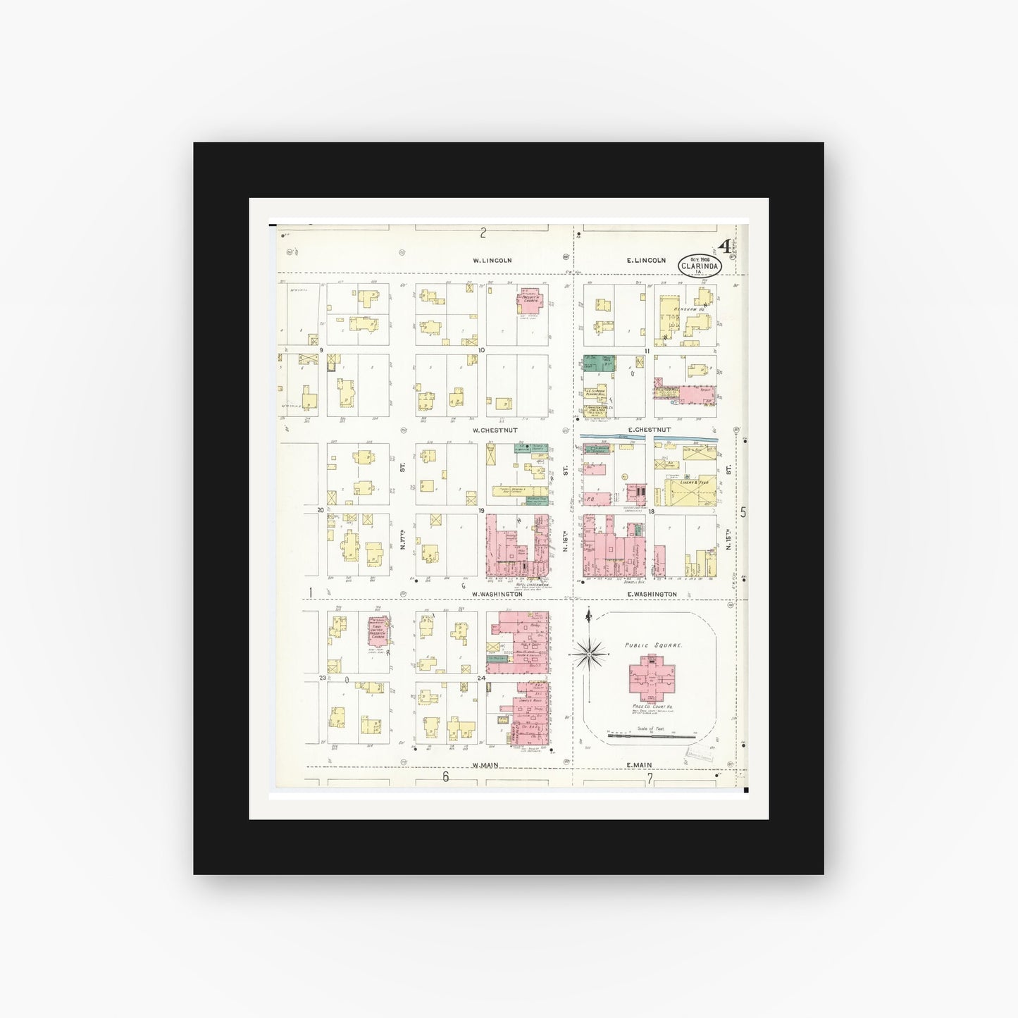 Old map wall art mockup — black gallery frame with white mat — Sanborn Fire Insurance Map from Clarinda, Page County, Iowa (1906), Sheet #0004