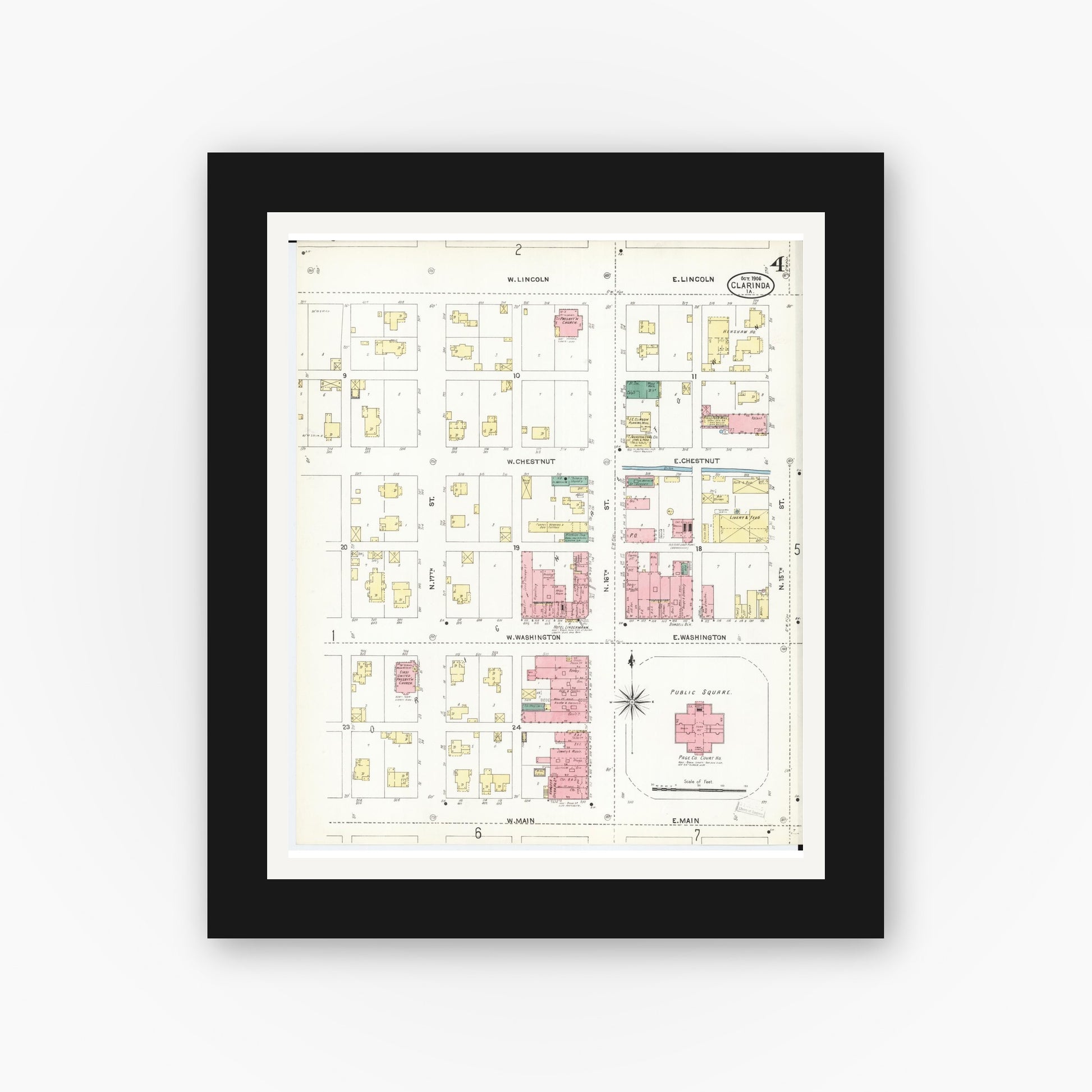Old map wall art mockup — black gallery frame with white mat — Sanborn Fire Insurance Map from Clarinda, Page County, Iowa (1906), Sheet #0004