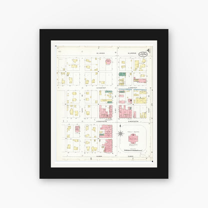 Old map wall art mockup — black gallery frame with white mat — Sanborn Fire Insurance Map from Clarinda, Page County, Iowa (1906), Sheet #0004