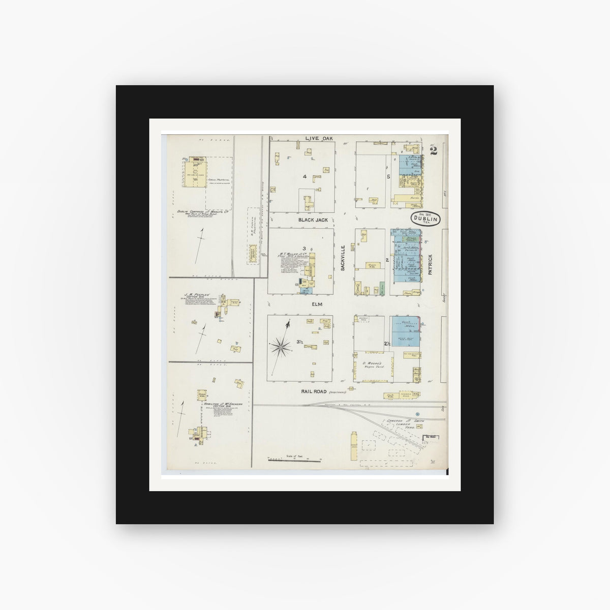 Old map wall art mockup — black gallery frame with white mat — Sanborn Fire Insurance Map from Dublin, Erath County, Texas (1891), Sheet #0002