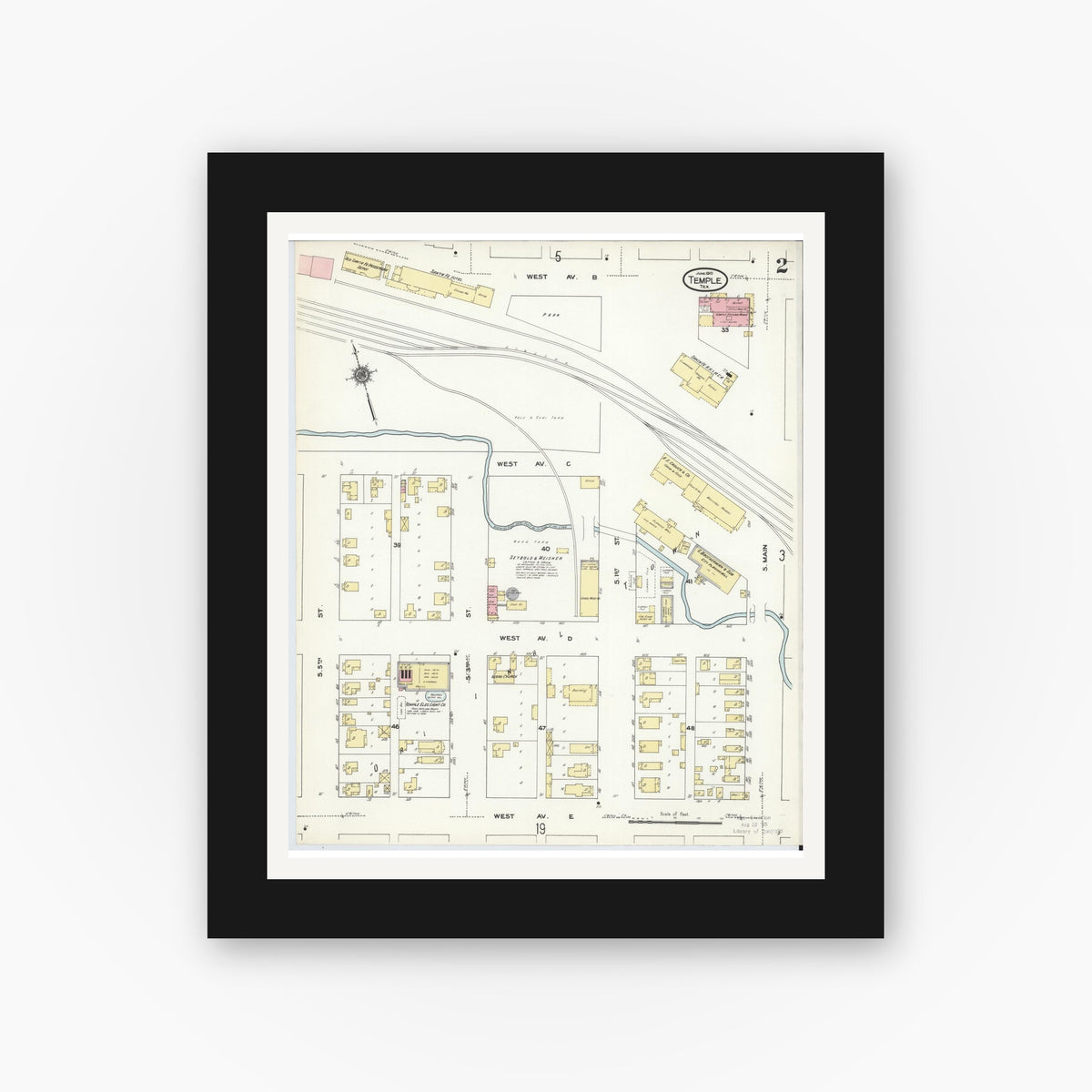 Old map wall art mockup — black gallery frame with white mat — Sanborn Fire Insurance Map from Temple, Bell County, Texas (1910), Sheet #0002