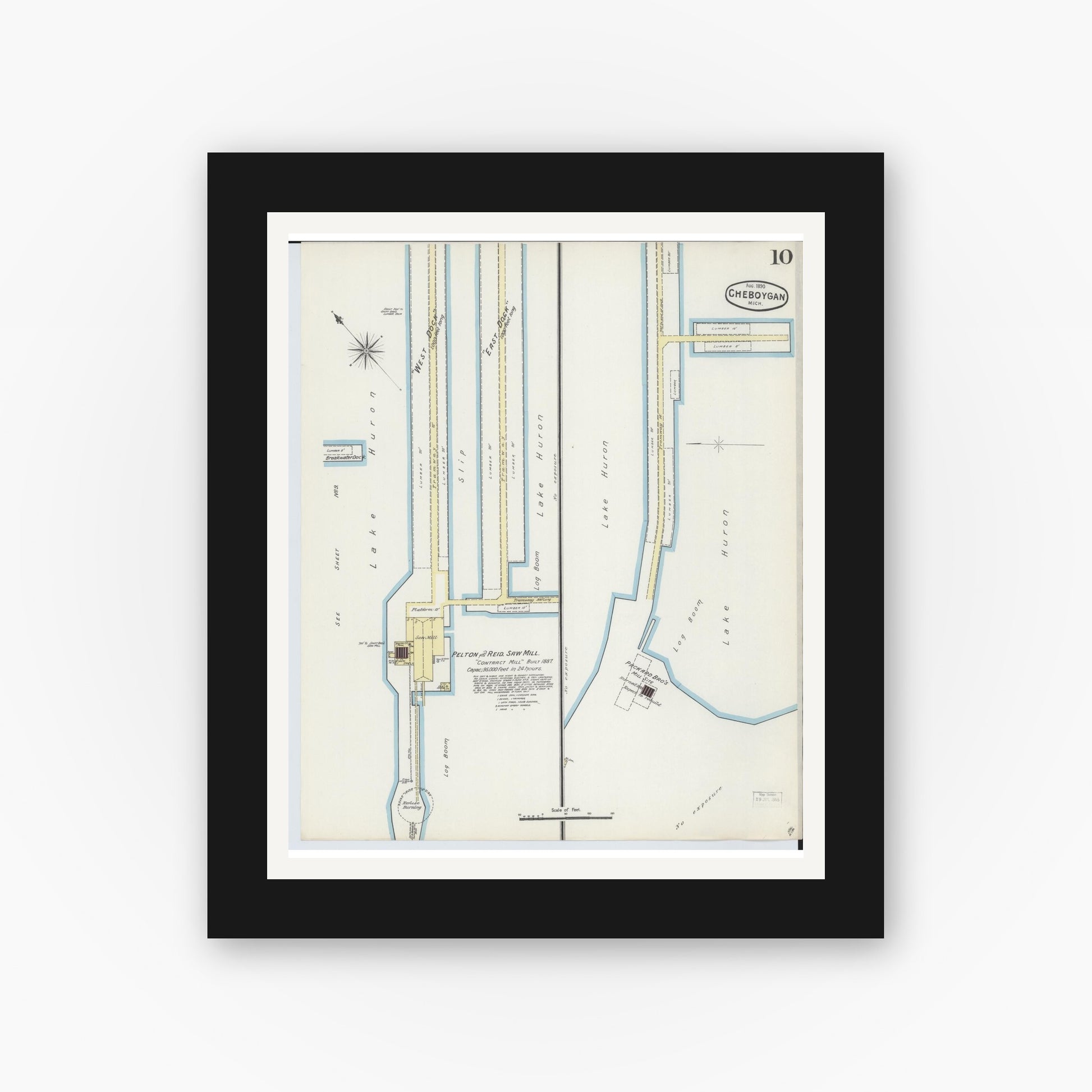 Old map wall art mockup — black gallery frame with white mat — Sanborn Fire Insurance Map from Cheboygan, Cheboygan County, Michigan (1890), Sheet #0010
