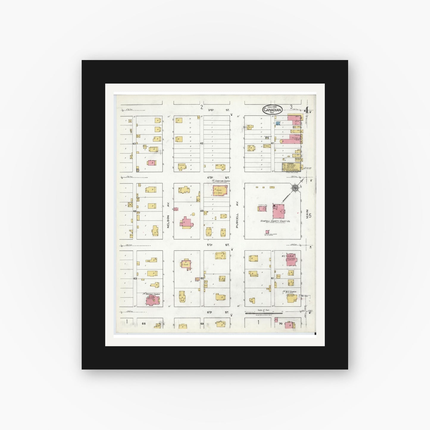 Old map wall art mockup — black gallery frame with white mat — Sanborn Fire Insurance Map from Canadian, Hemphill County, Texas (1920), Sheet #0004