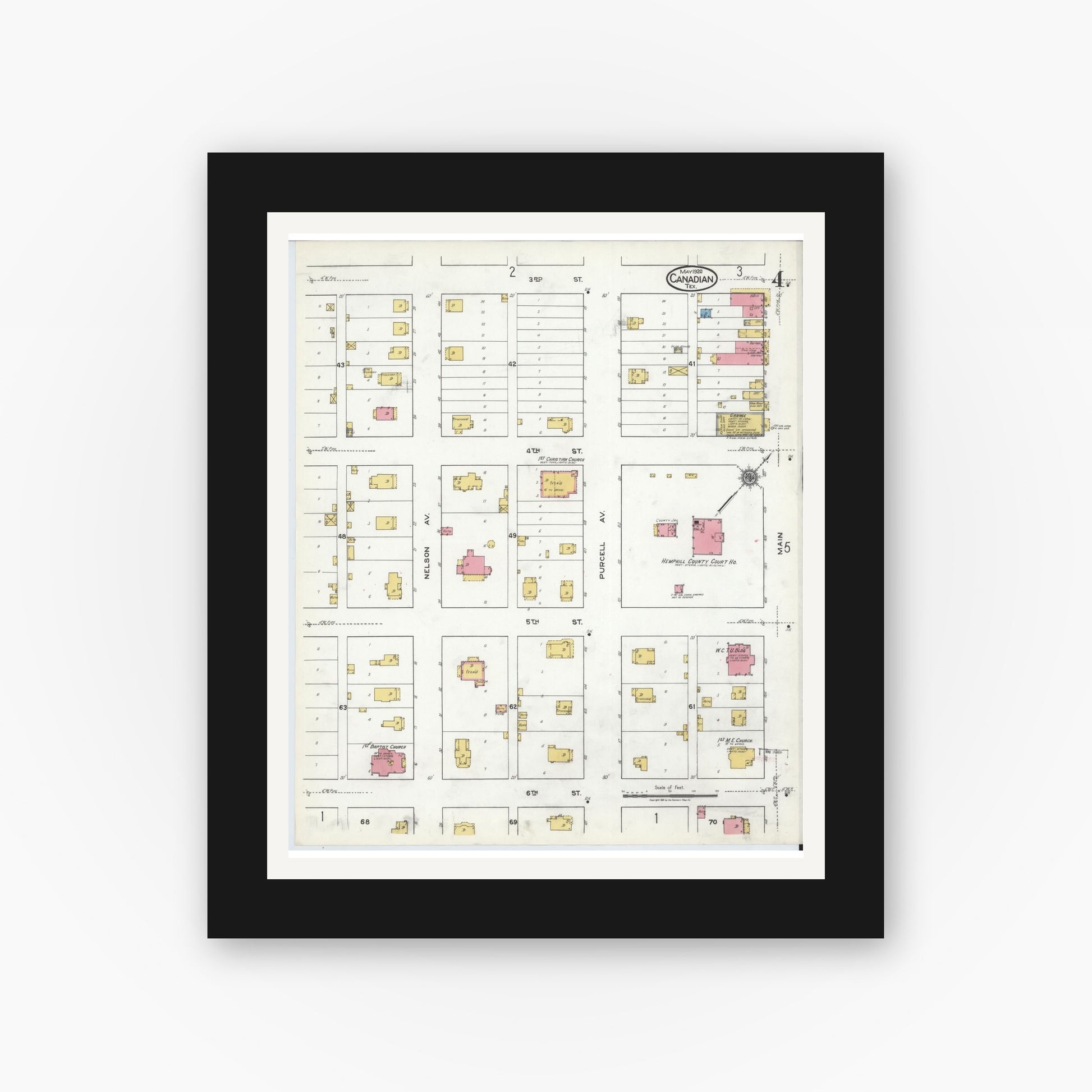 Old map wall art mockup — black gallery frame with white mat — Sanborn Fire Insurance Map from Canadian, Hemphill County, Texas (1920), Sheet #0004