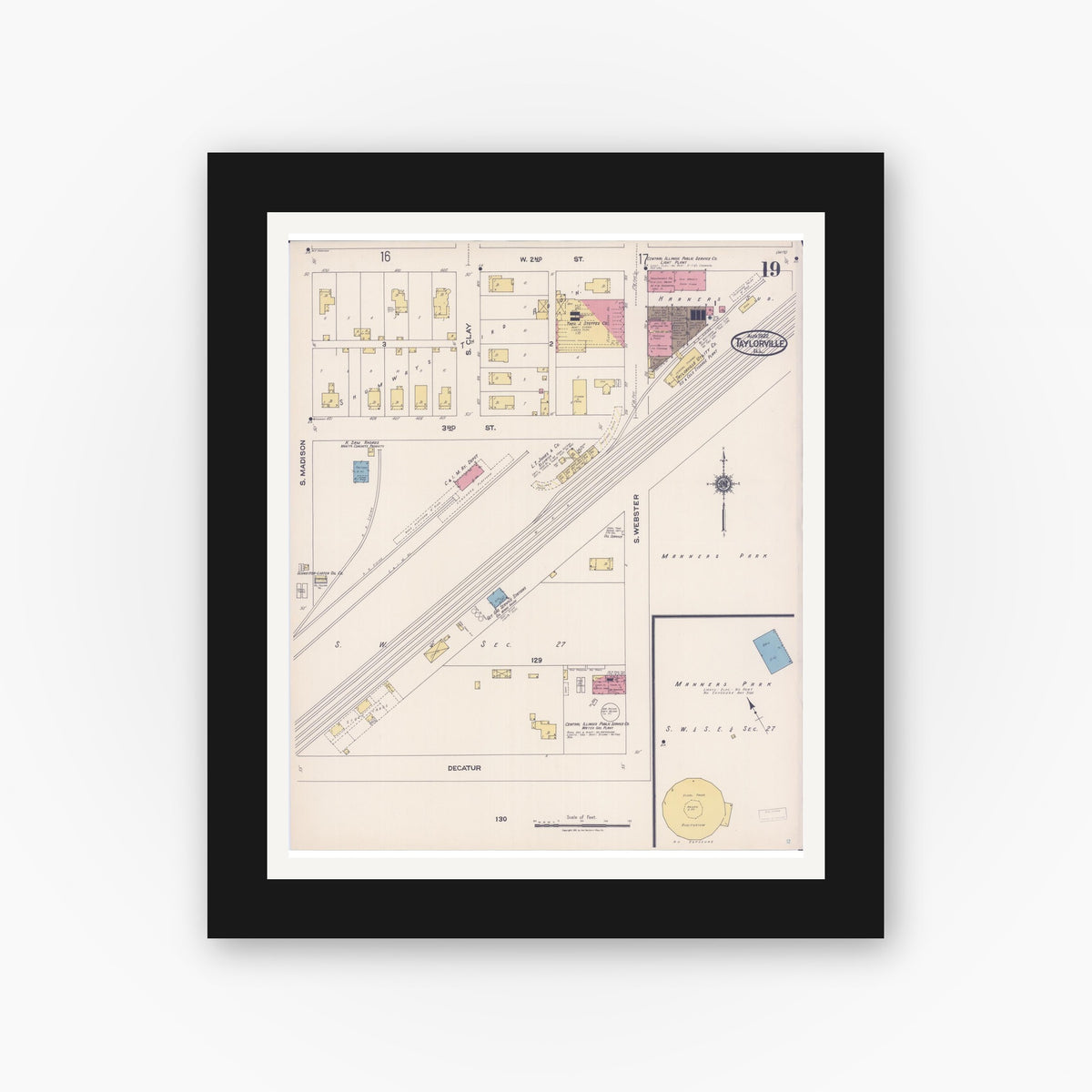 Old map wall art mockup — black gallery frame with white mat — Sanborn Fire Insurance Map from Taylorville, Christian County, Illinois (1922), Sheet #0019