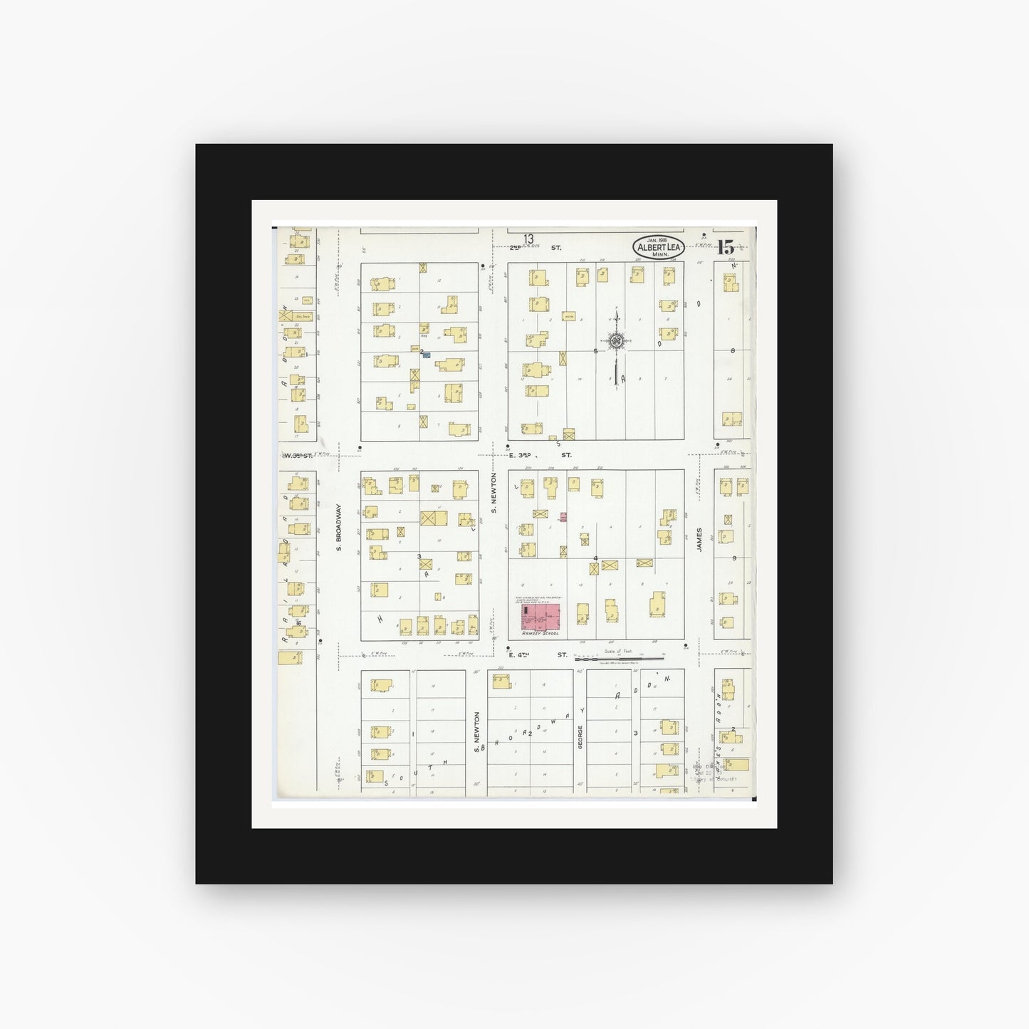 Old map wall art mockup — black gallery frame with white mat — Sanborn Fire Insurance Map from Albert Lea, Freeborn County, Minnesota (1918), Sheet #0015
