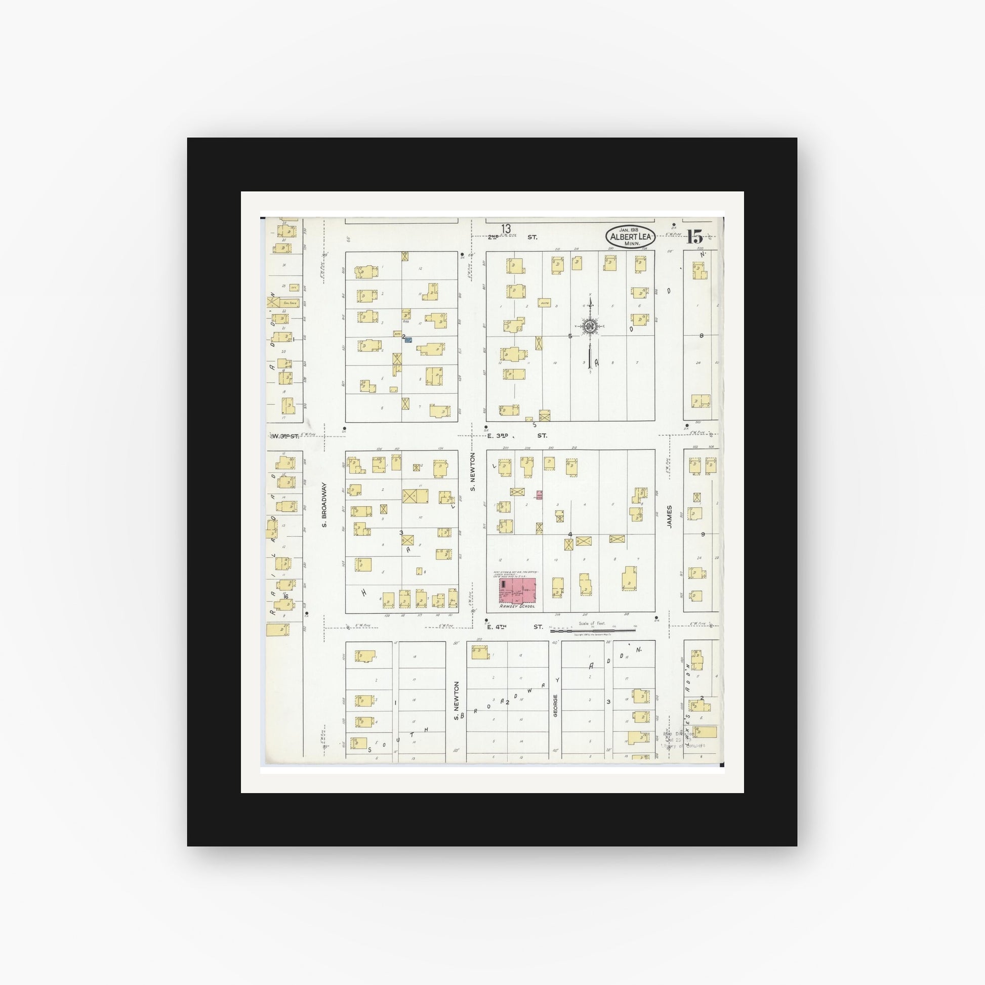 Old map wall art mockup — black gallery frame with white mat — Sanborn Fire Insurance Map from Albert Lea, Freeborn County, Minnesota (1918), Sheet #0015