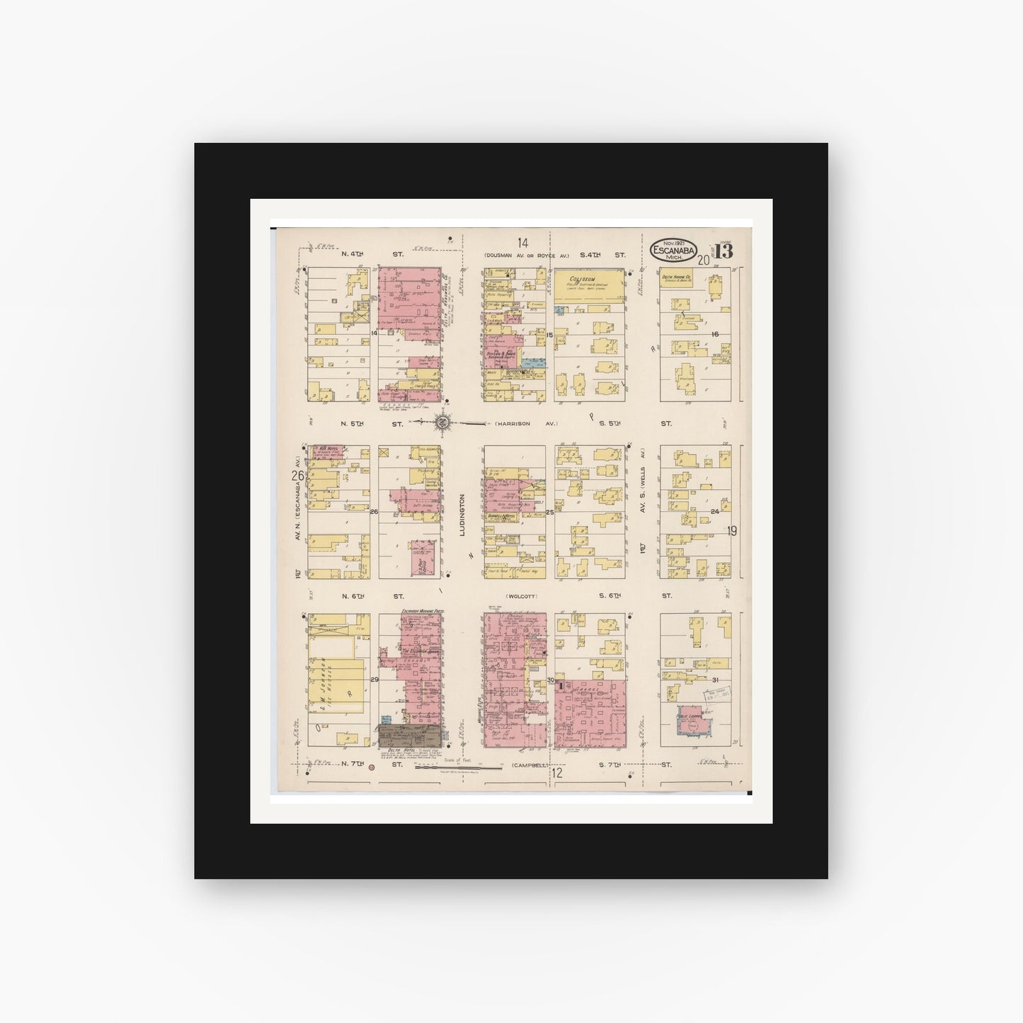 Old map wall art mockup — black gallery frame with white mat — Sanborn Fire Insurance Map from Escanaba, Delta County, Michigan (1921), Sheet #0013