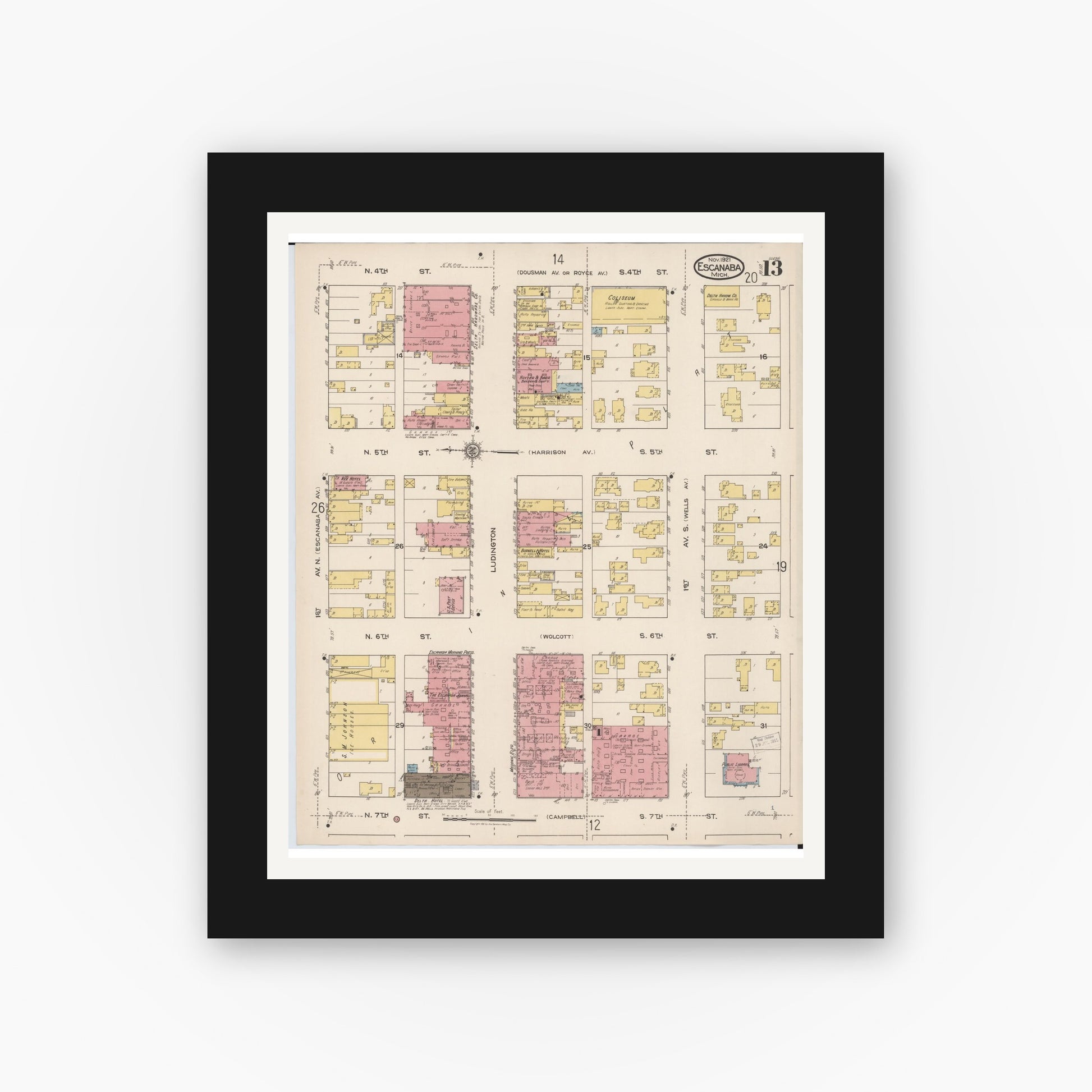 Old map wall art mockup — black gallery frame with white mat — Sanborn Fire Insurance Map from Escanaba, Delta County, Michigan (1921), Sheet #0013