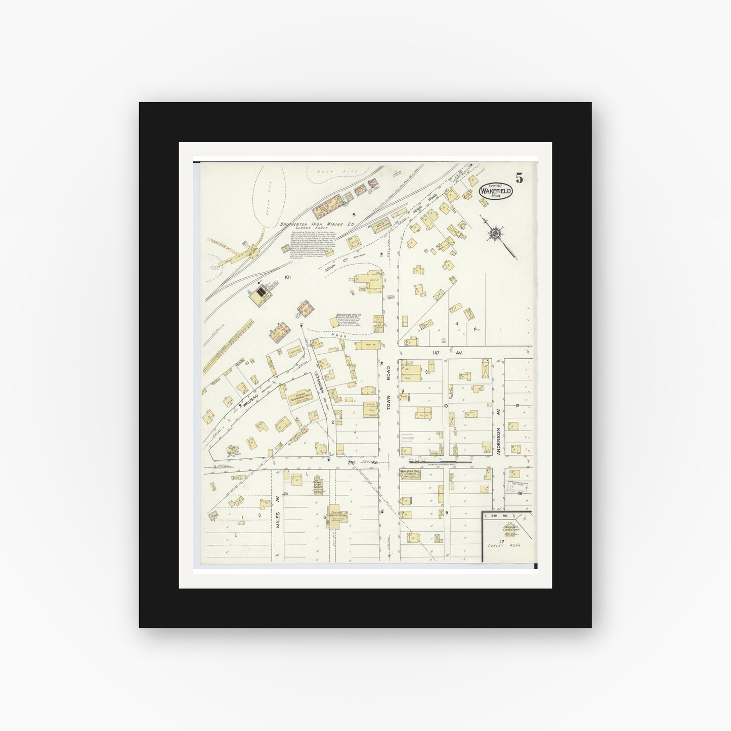 Old map wall art mockup — black gallery frame with white mat — Sanborn Fire Insurance Map from Wakefield, Gogebic County, Michigan (1917), Sheet #0005