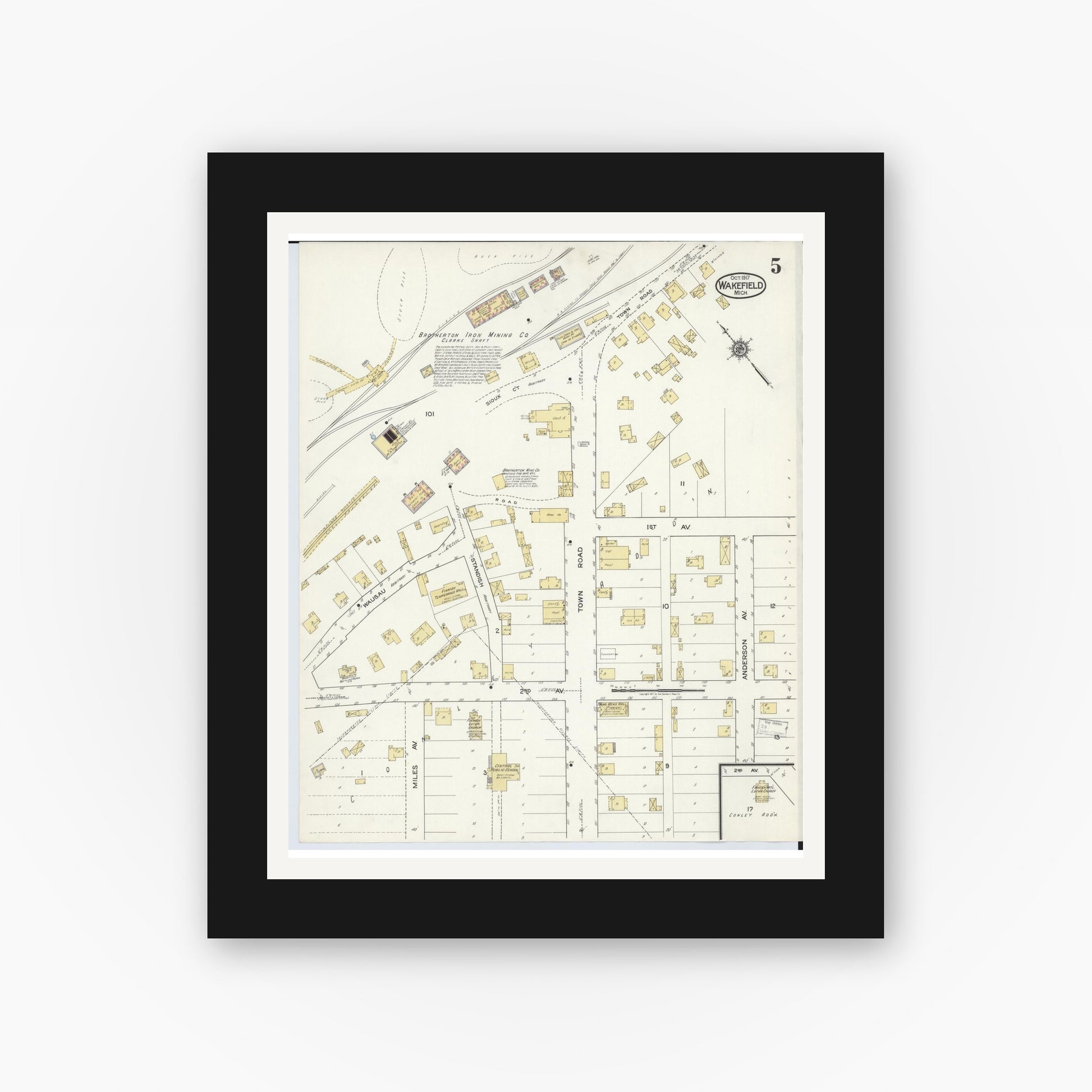 Old map wall art mockup — black gallery frame with white mat — Sanborn Fire Insurance Map from Wakefield, Gogebic County, Michigan (1917), Sheet #0005