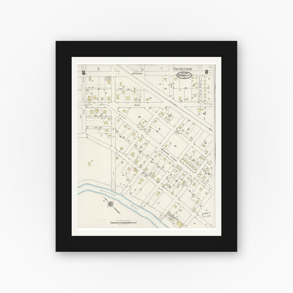 Old map wall art mockup — black gallery frame with white mat — Sanborn Fire Insurance Map from Kerrville, Kerr County, Texas (1924), Sheet #0008