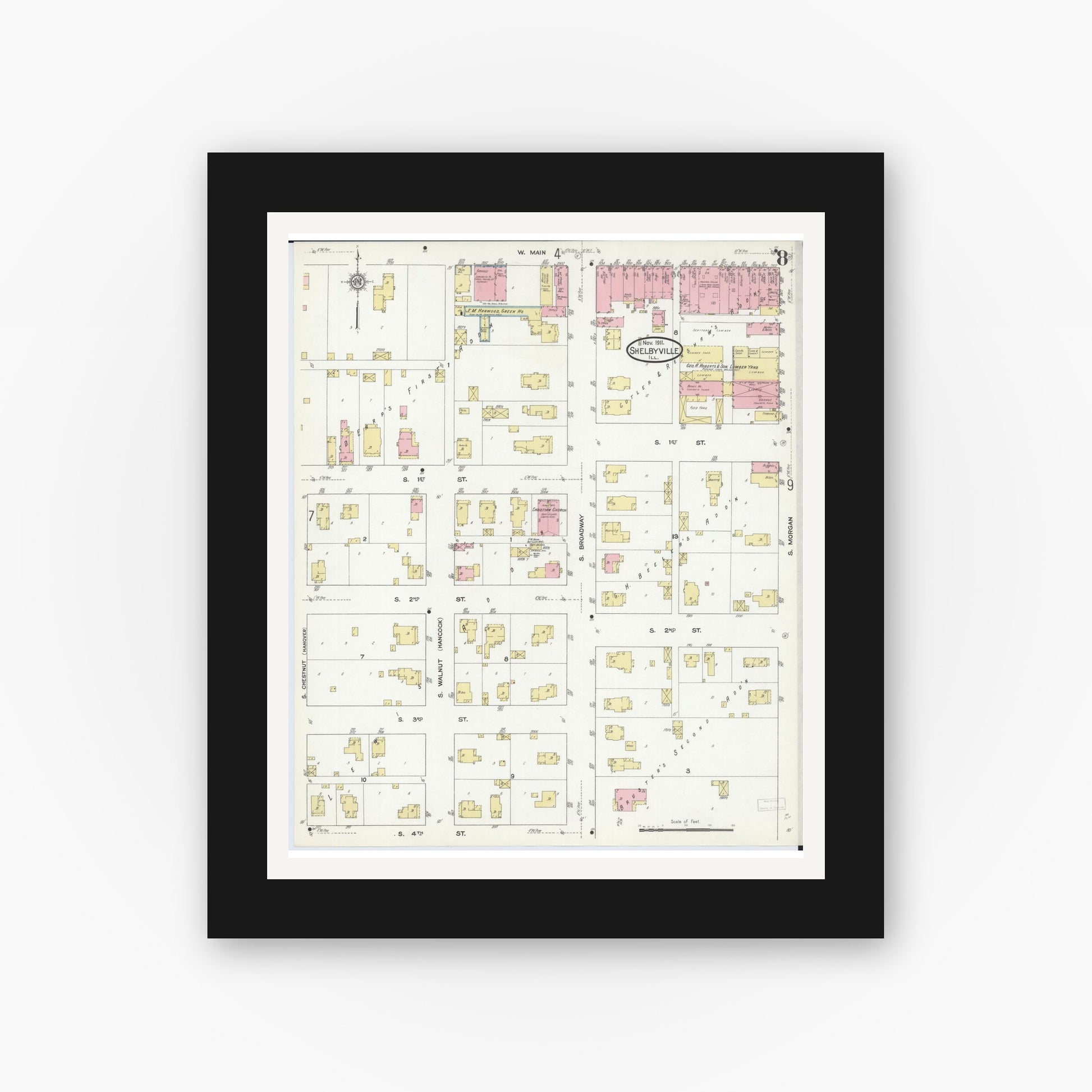 Old map wall art mockup — black gallery frame with white mat — Sanborn Fire Insurance Map from Shelbyville, Shelby County, Illinois (1911), Sheet #0008