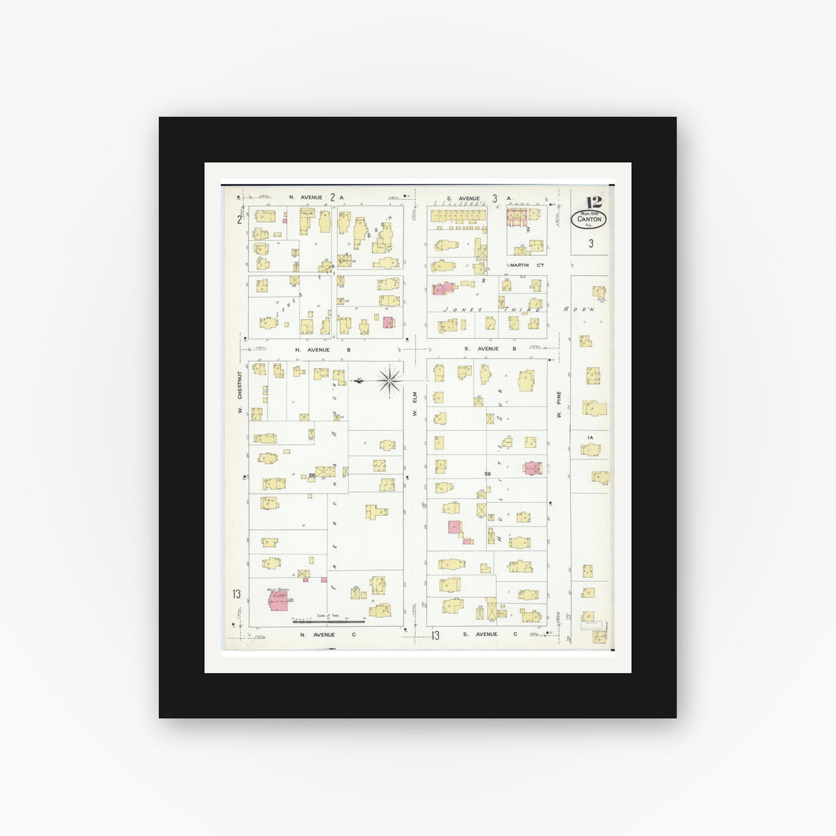 Old map wall art mockup — black gallery frame with white mat — Sanborn Fire Insurance Map from Canton, Fulton County, Illinois (1909), Sheet #0012
