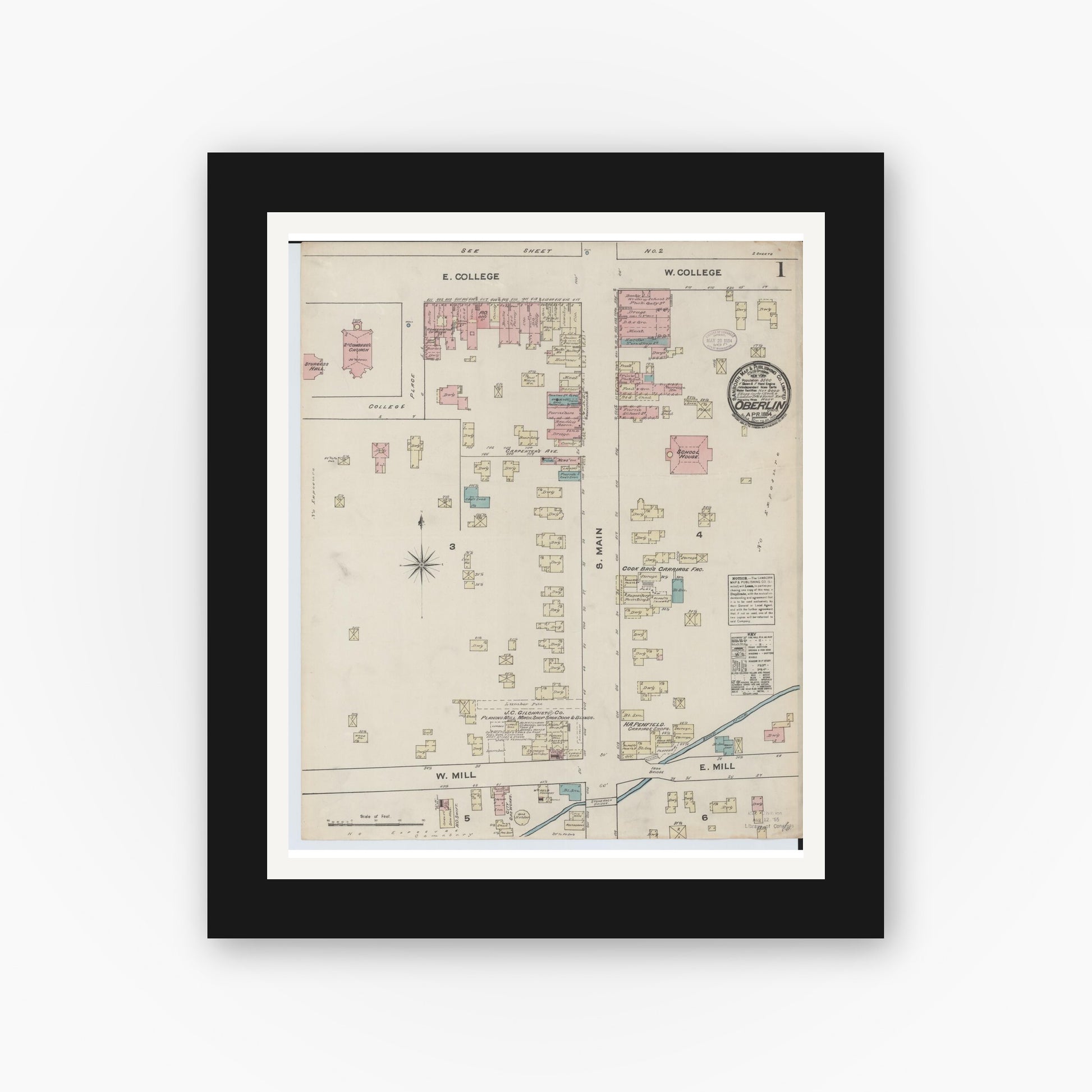 Old map wall art mockup — black gallery frame with white mat — Sanborn Fire Insurance Map from Oberlin, Lorain County, Ohio (1884) - Complete Map Set