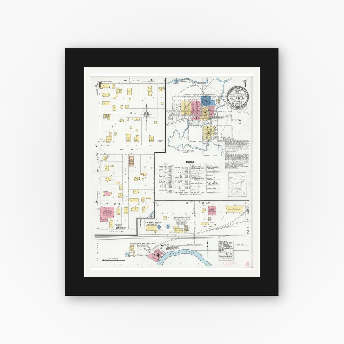 Old map wall art mockup — black gallery frame with white mat — Sanborn Fire Insurance Map from Aitkin, Aitkin County, Minnesota (1929) - Complete Map Set