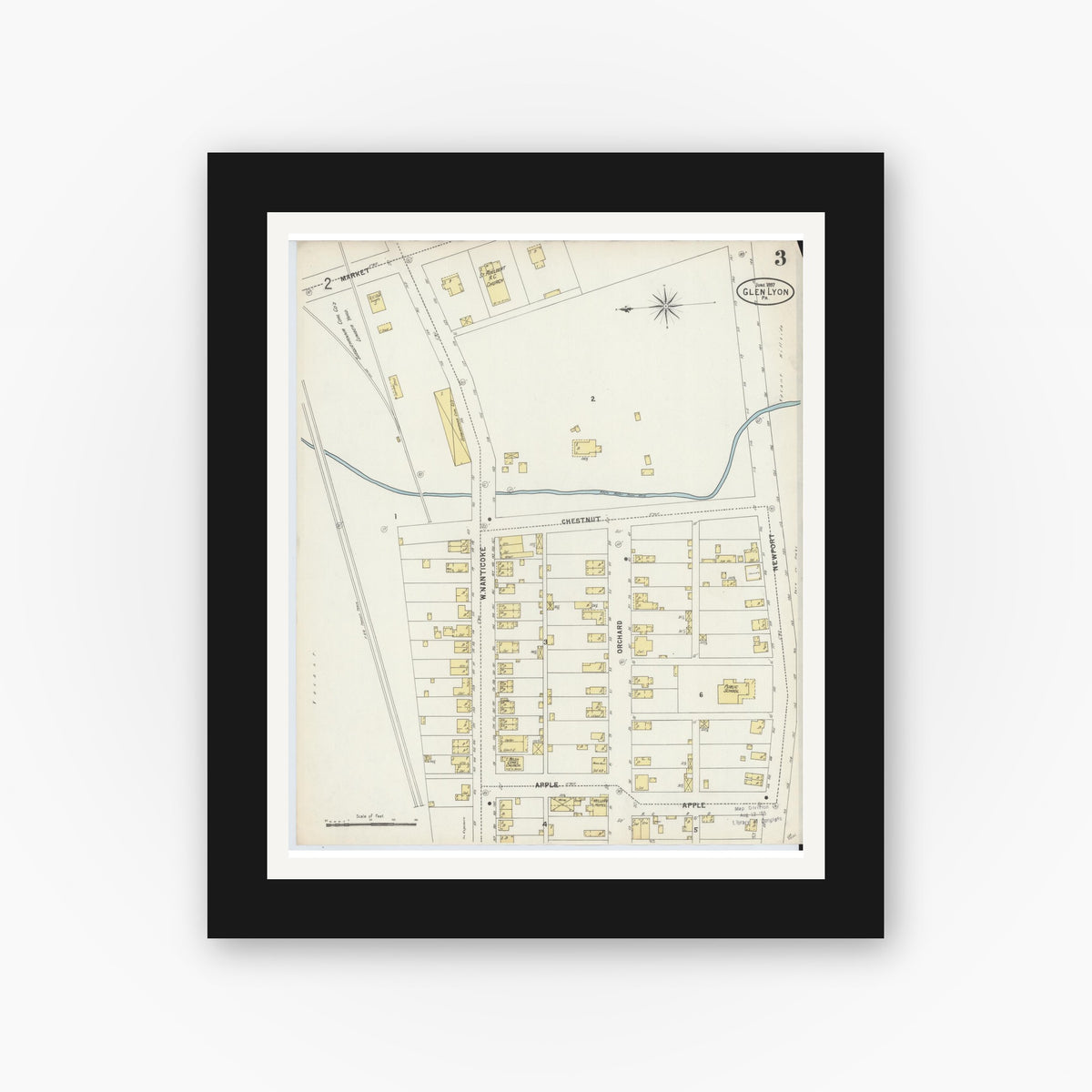 Old map wall art mockup — black gallery frame with white mat — Sanborn Fire Insurance Map from Glen Lyon, Luzerne County, Pennsylvania (1897), Sheet #0003