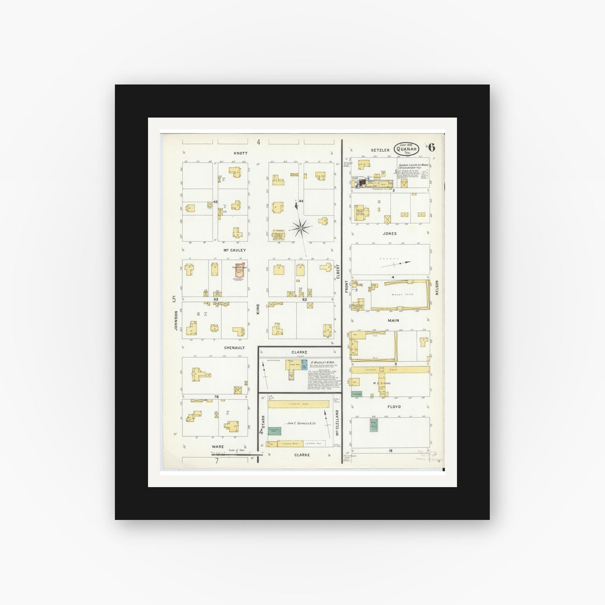 Old map wall art mockup — black gallery frame with white mat — Sanborn Fire Insurance Map from Quanah, Hardeman County, Texas (1908), Sheet #0006