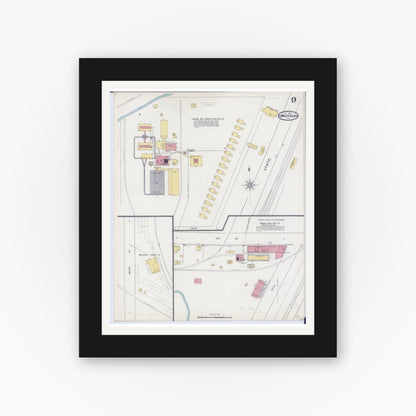 Old map wall art mockup — black gallery frame with white mat — Sanborn Fire Insurance Map from Waukegan, Lake County, Illinois (1894), Sheet #0009