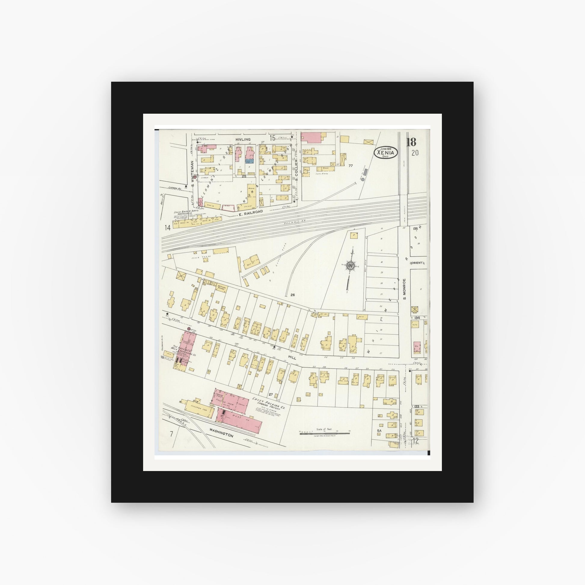 Old map wall art mockup — black gallery frame with white mat — Sanborn Fire Insurance Map from Xenia, Greene County, Ohio (1919), Sheet #0018