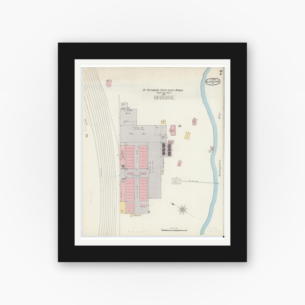 Old map wall art mockup — black gallery frame with white mat — Sanborn Fire Insurance Map from Duquesne, Allegheny County, Pennsylvania (1896), Sheet #0007