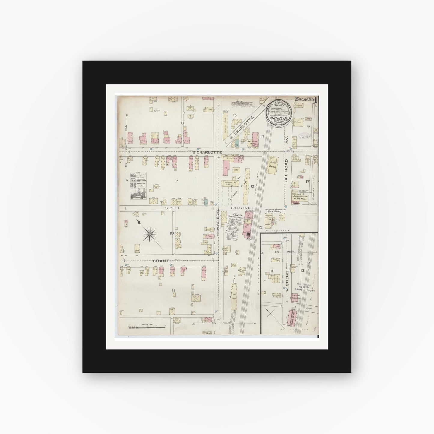 Old map wall art mockup — black gallery frame with white mat — Sanborn Fire Insurance Map from Manheim, Lancaster County, Pennsylvania (1886) - Complete Map Set