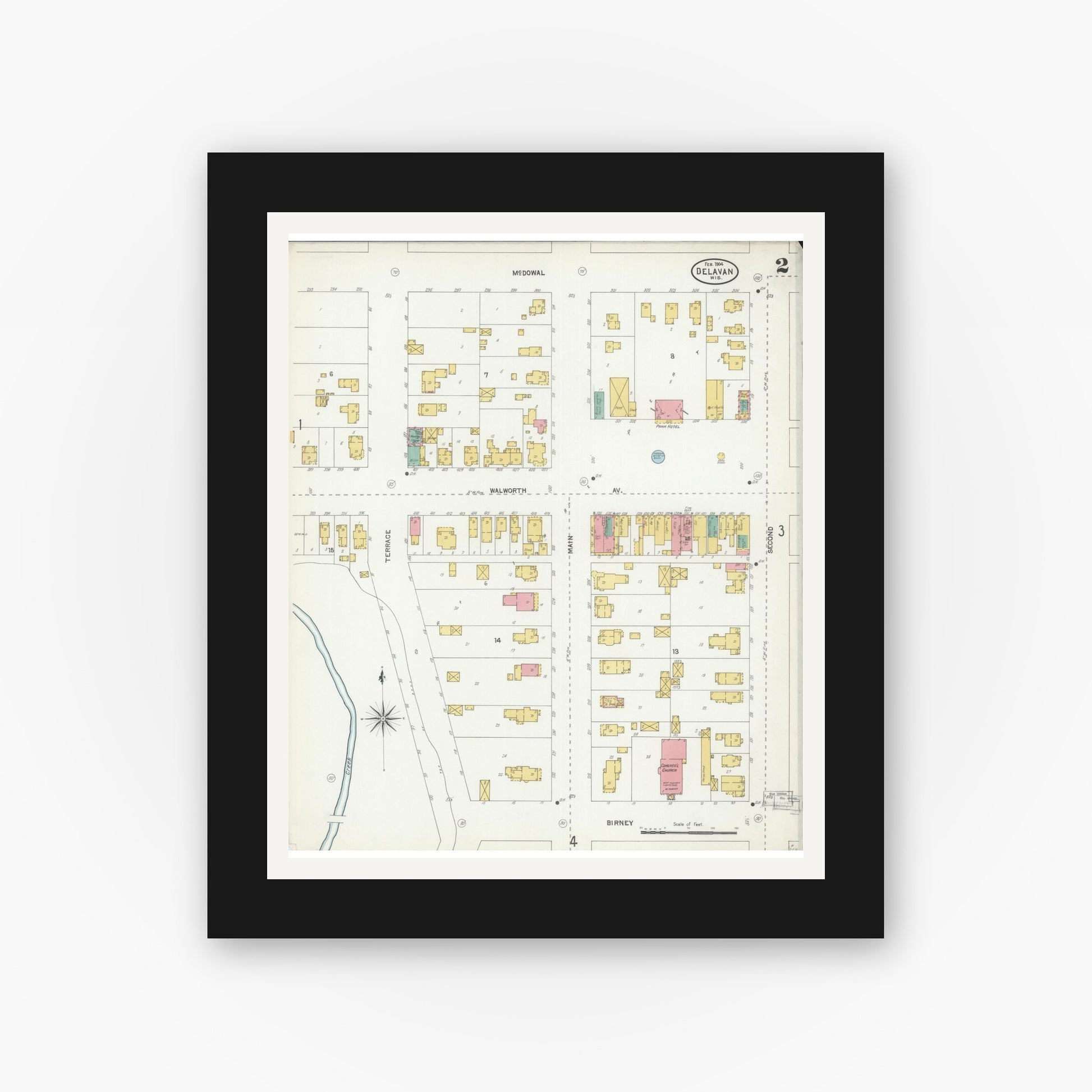 Old map wall art mockup — black gallery frame with white mat — Sanborn Fire Insurance Map from Delavan, Walworth County, Wisconsin (1904), Sheet #0002