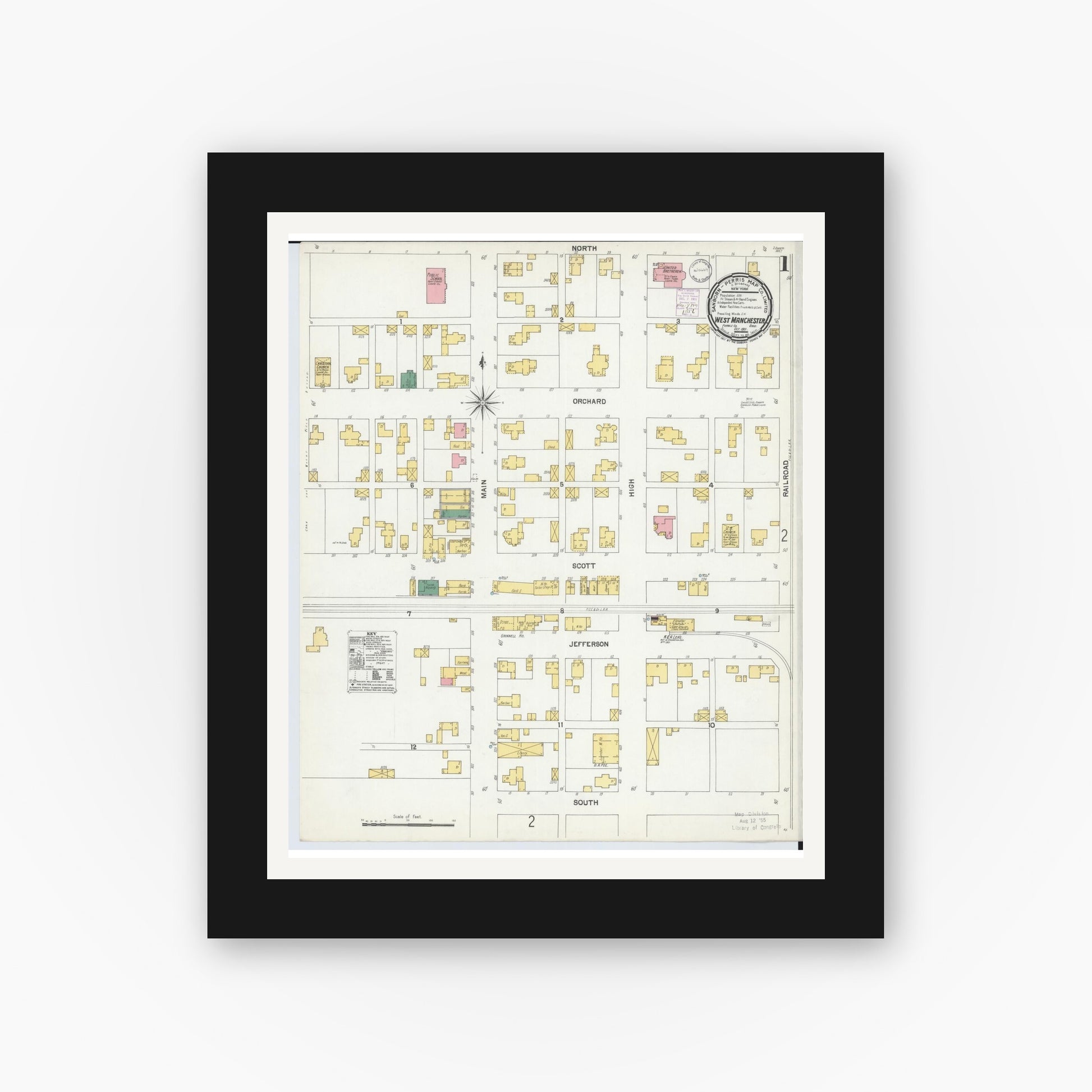 Old map wall art mockup — black gallery frame with white mat — Sanborn Fire Insurance Map from West Manchester, Preble County, Ohio (1901) - Complete Map Set