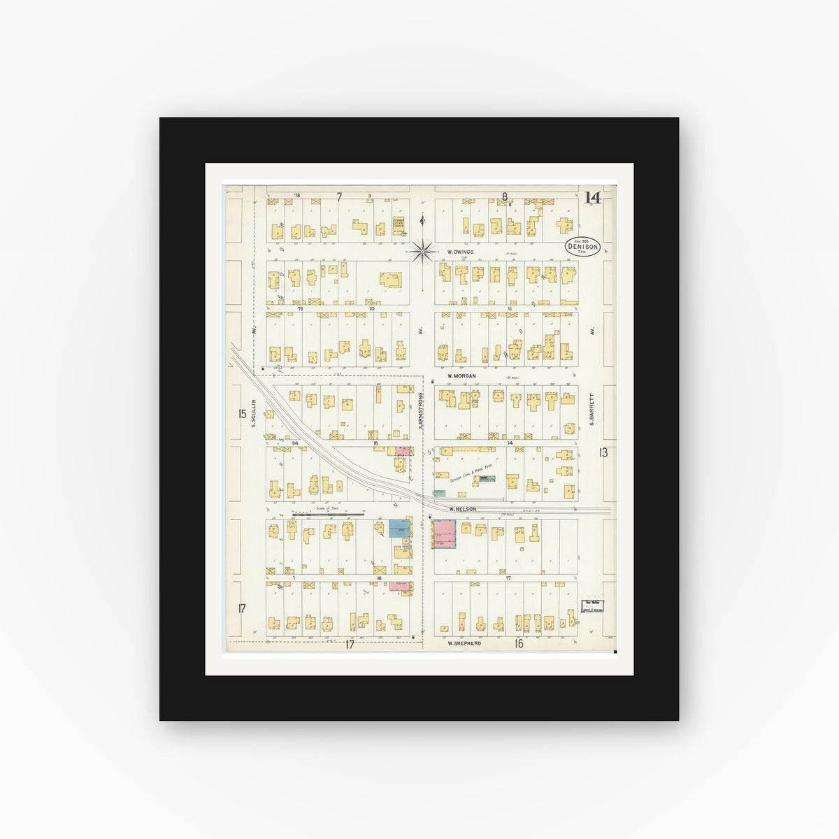 Old map wall art mockup — black gallery frame with white mat — Sanborn Fire Insurance Map from Denison, Grayson County, Texas (1903), Sheet #0014