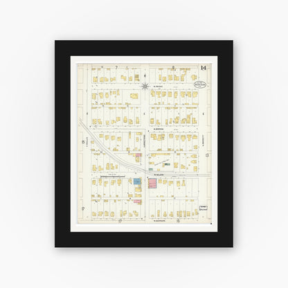 Old map wall art mockup — black gallery frame with white mat — Sanborn Fire Insurance Map from Denison, Grayson County, Texas (1903), Sheet #0014